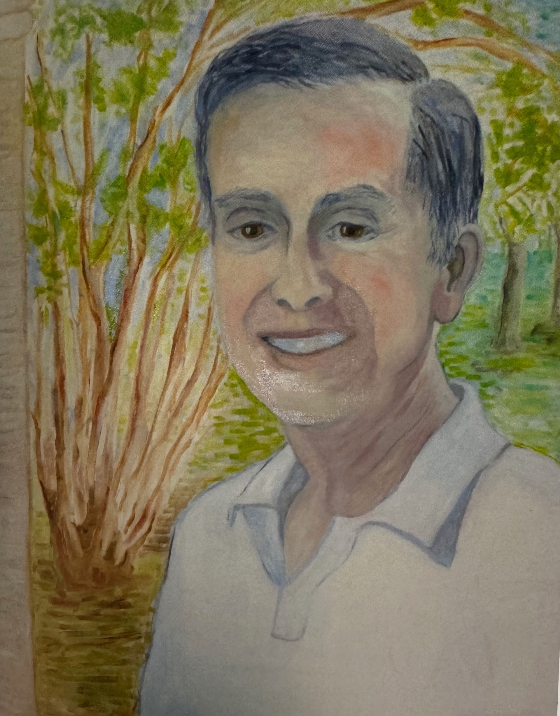 Portrait of a smiling person in a white shirt, painted in soft colors with trees and greenery behind them