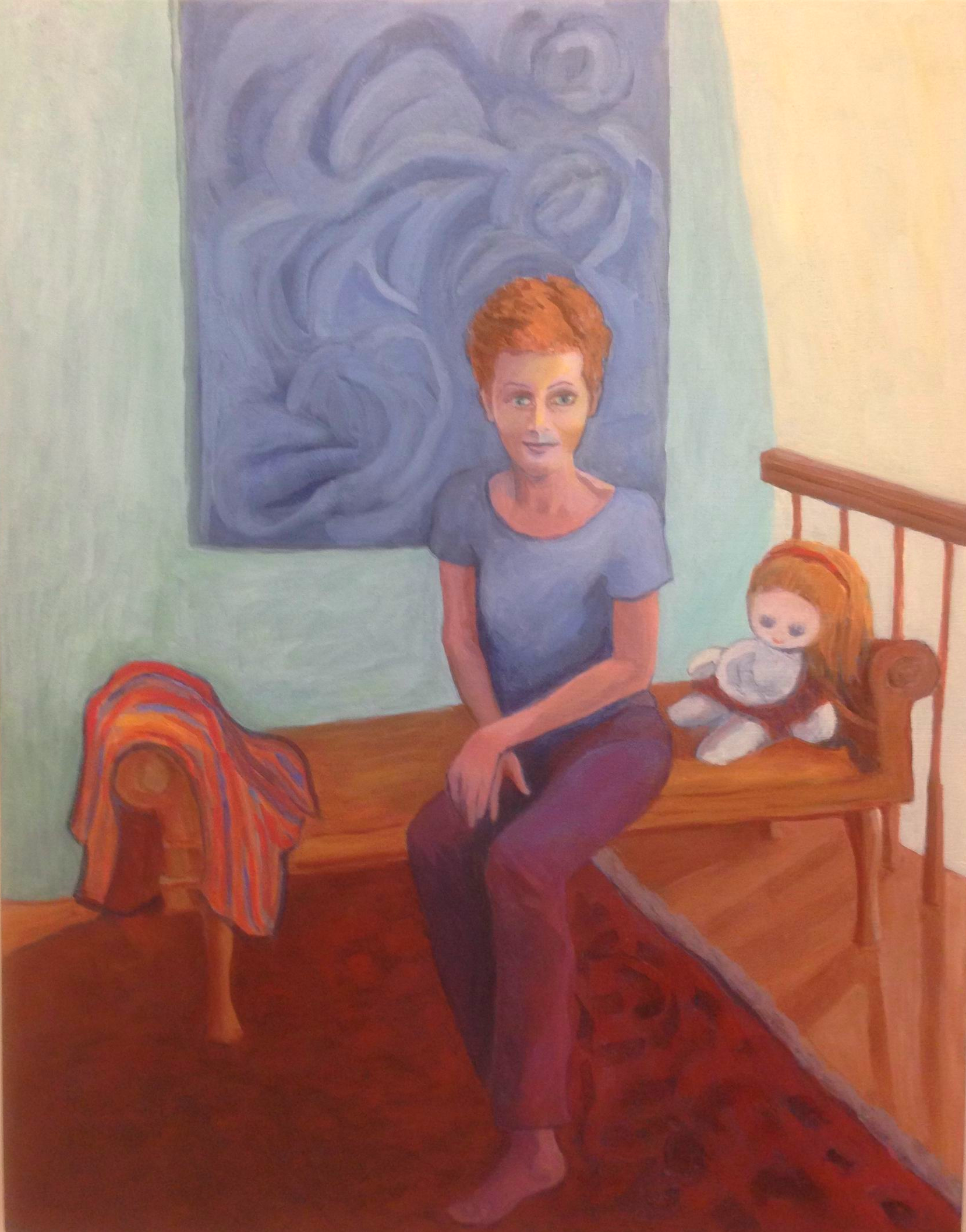 Woman sits on a bed beside a stuffed monkey in a softly painted bedroom