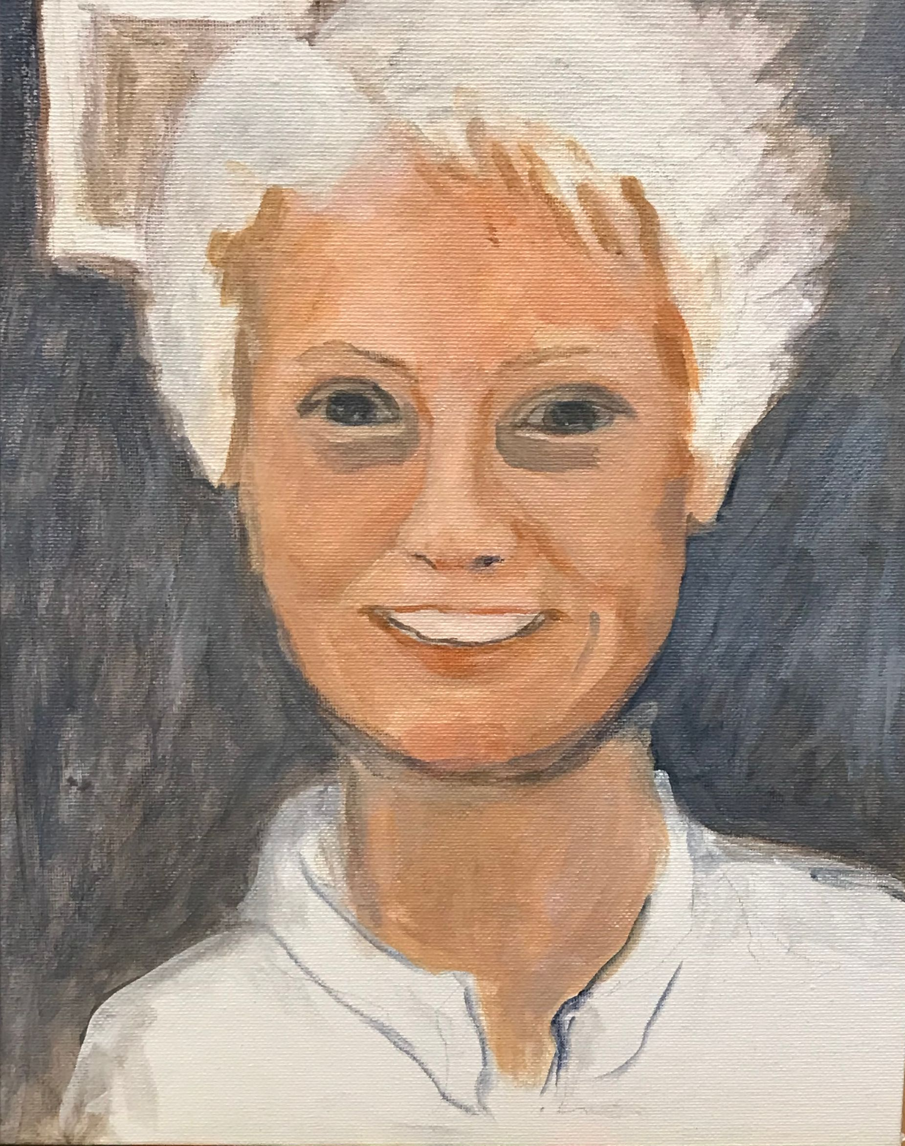 Painted portrait of a smiling person with white hair and a white shirt on a dark background