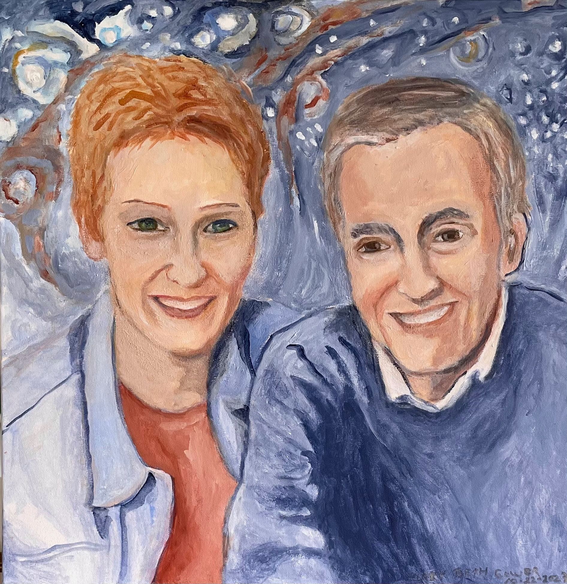 Two smiling people in blue sweaters, painted in a soft, starry background.