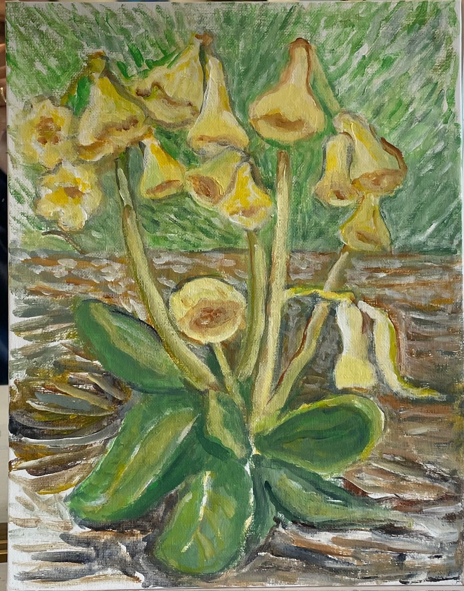 Yellow flowers with green leaves in a textured garden scene