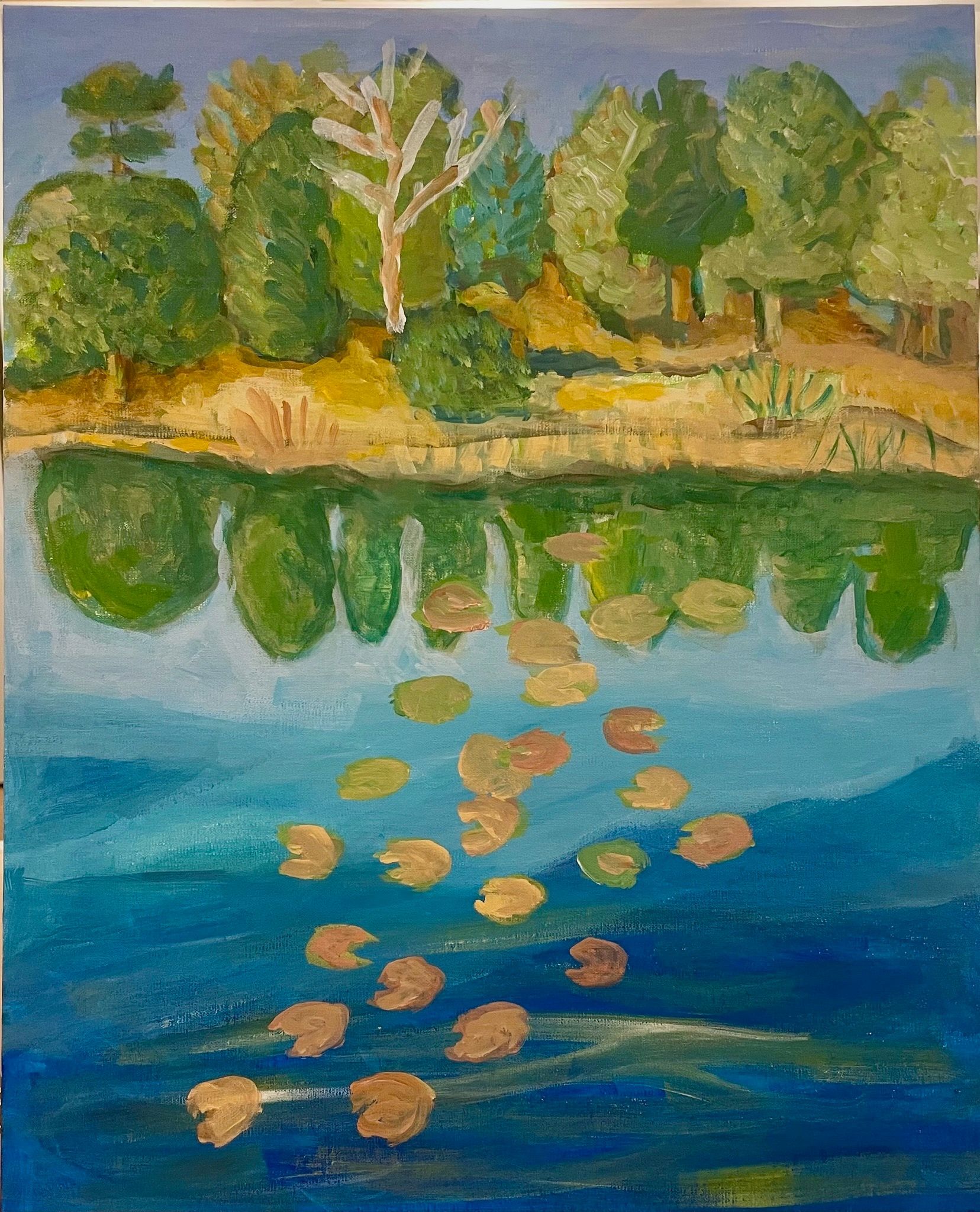 Pond with lily pads reflecting trees and a blue sky, with a wooded shoreline in the background