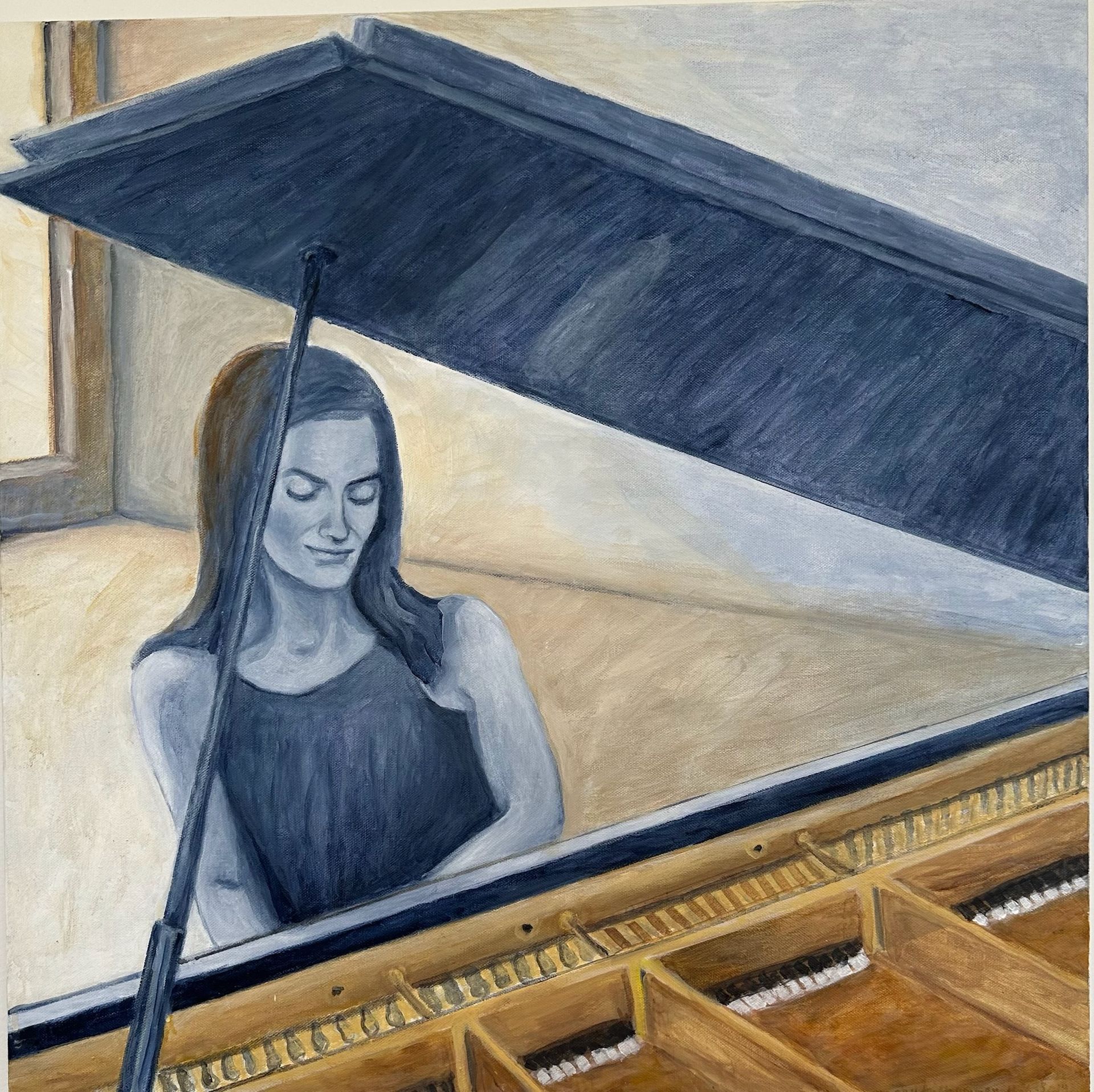 Woman playing a grand piano, seen in cool blue tones with the lid open.