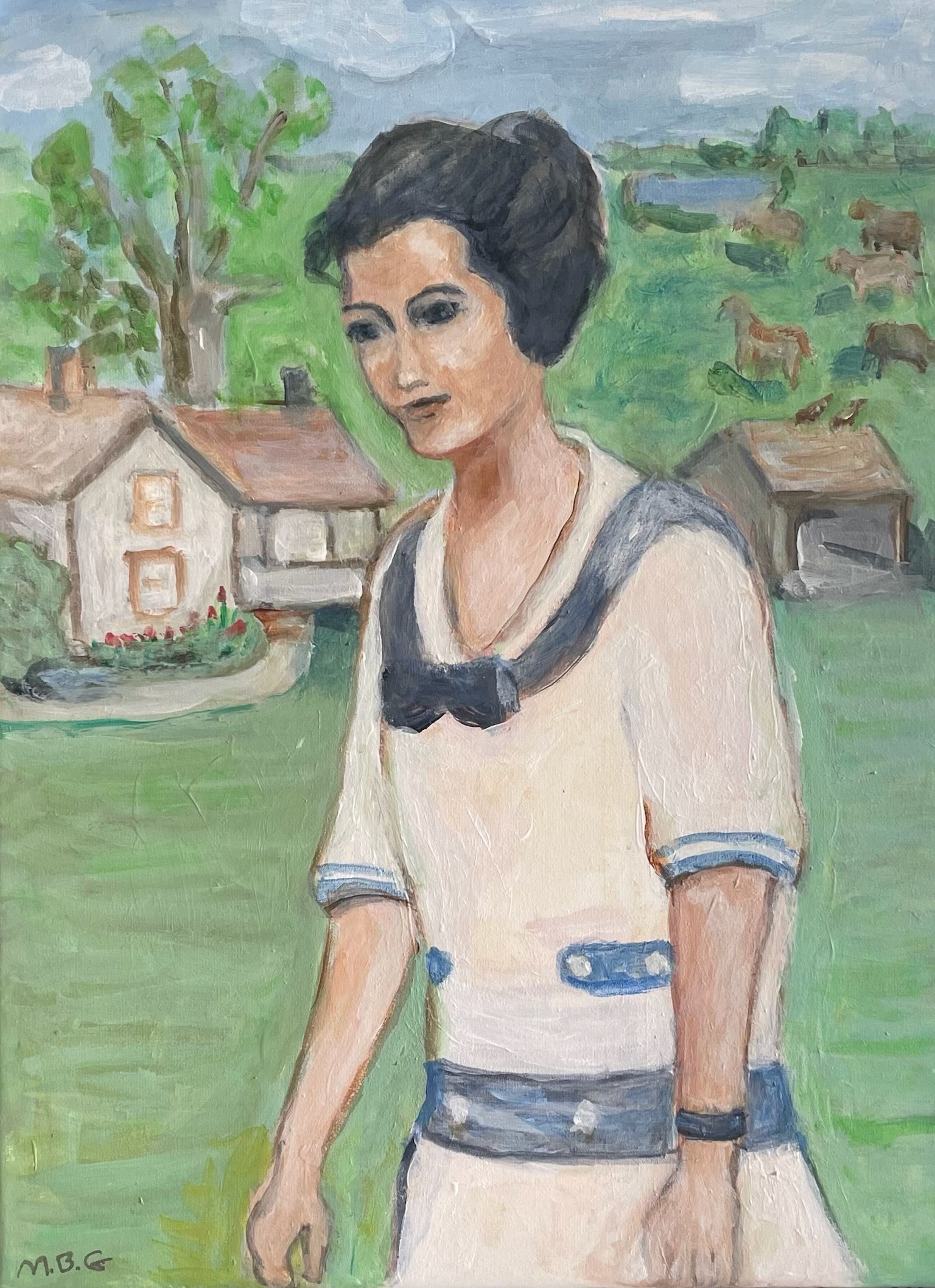 Woman in a cream dress with blue trim stands in a green landscape with houses and trees behind her.