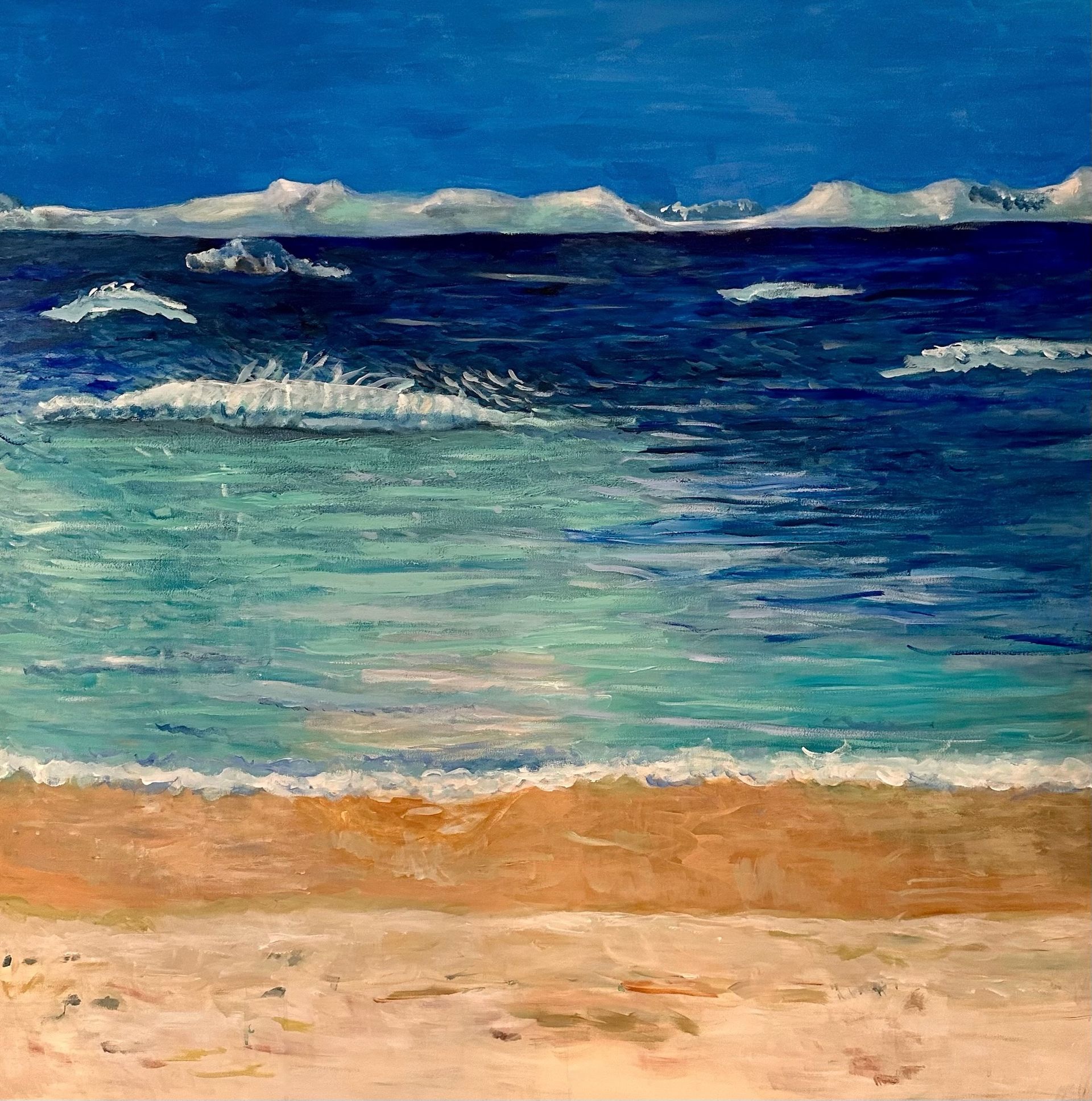 Abstract painting of a sandy beach with turquoise waves and a deep blue ocean under a bright sky