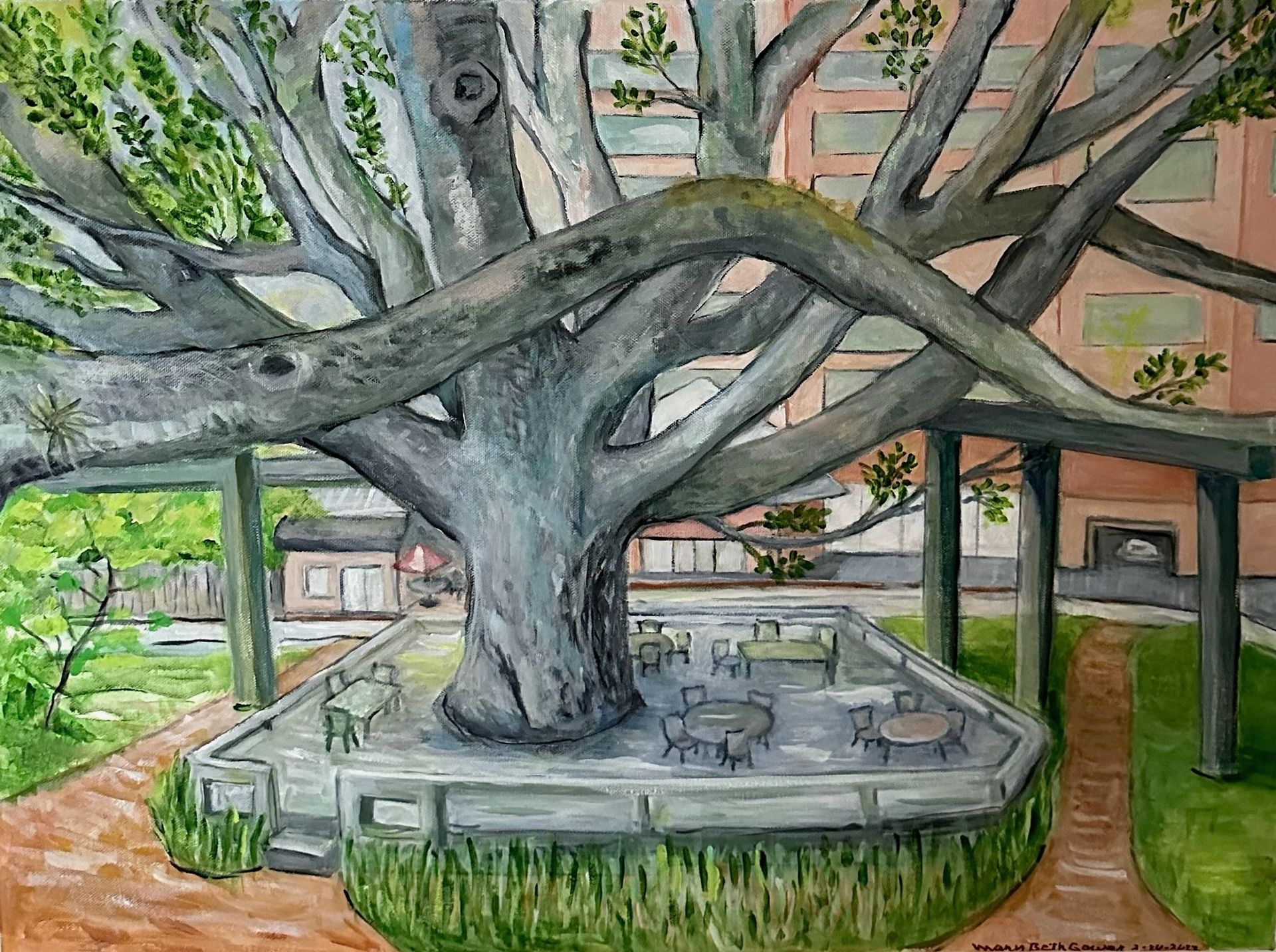 Large banyan tree with sprawling branches over a stone pavilion in a courtyard, with houses in the background