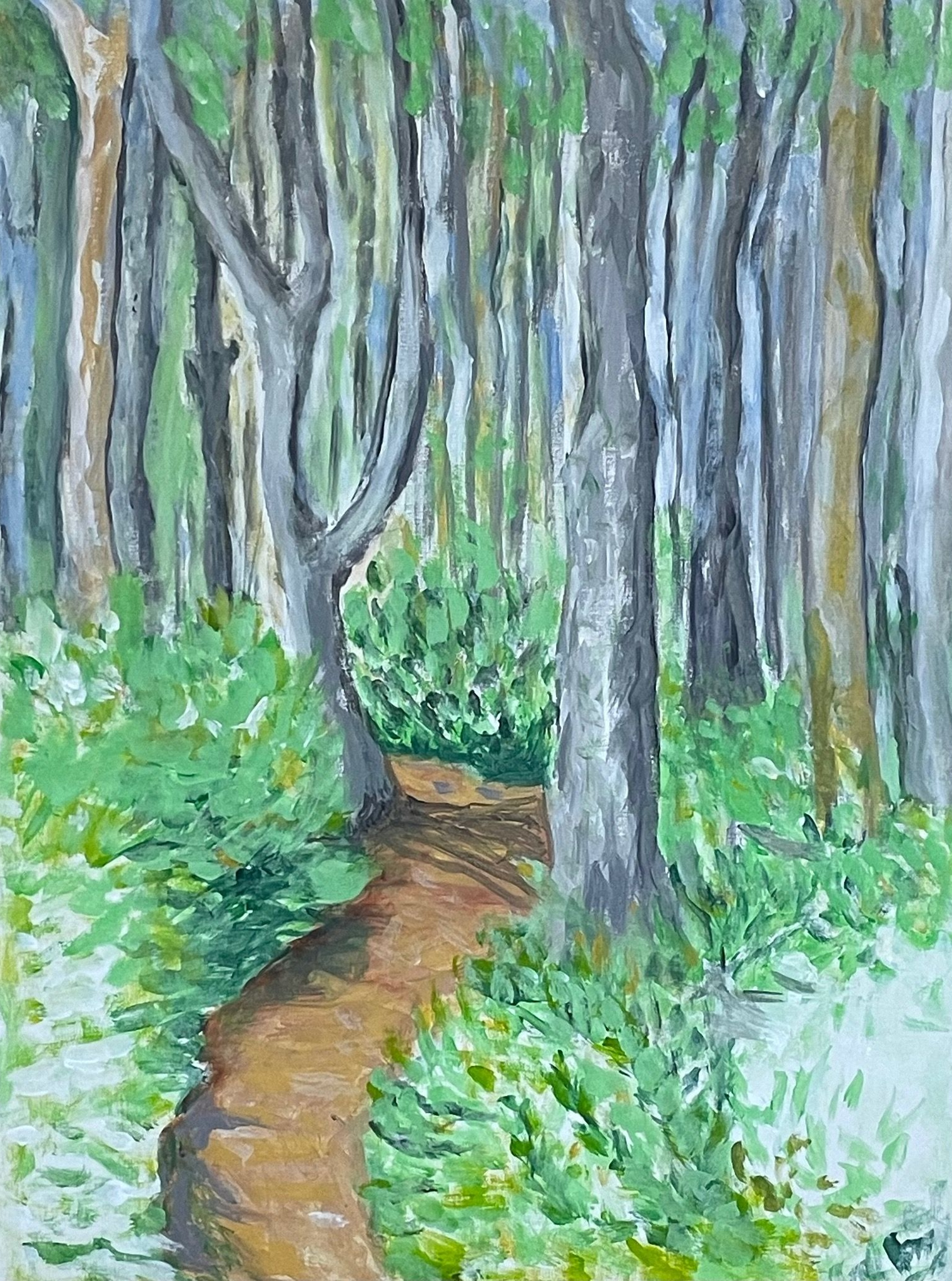Forest path winding through tall gray trees and green undergrowth, painted in soft colors