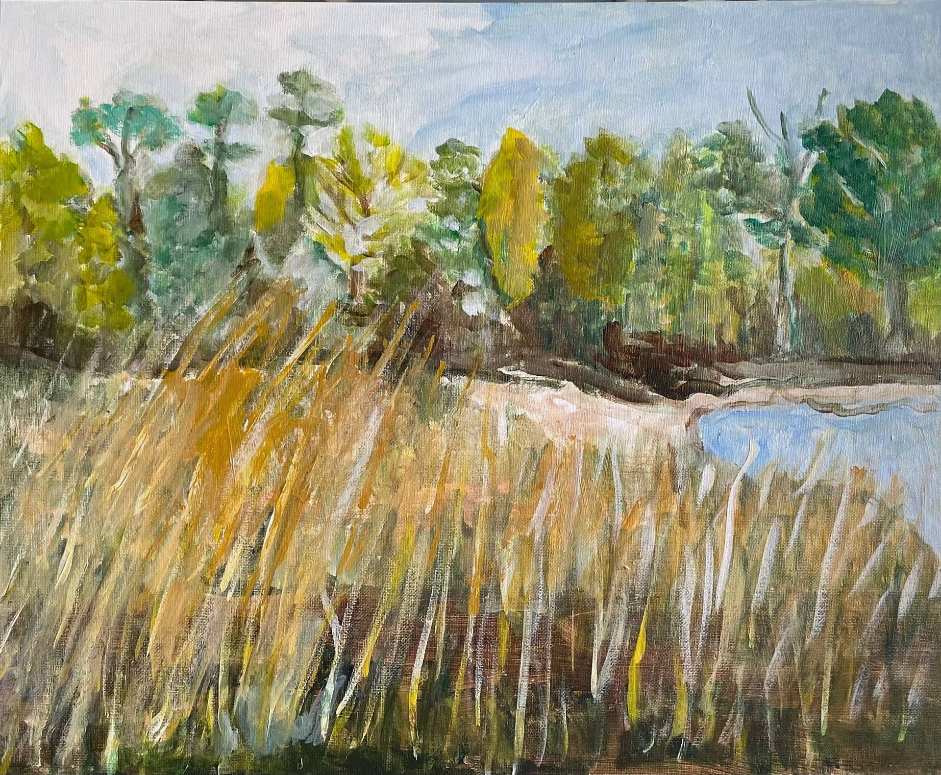 Impressionist painting of tall golden grasses by a pond with green trees and a cloudy sky