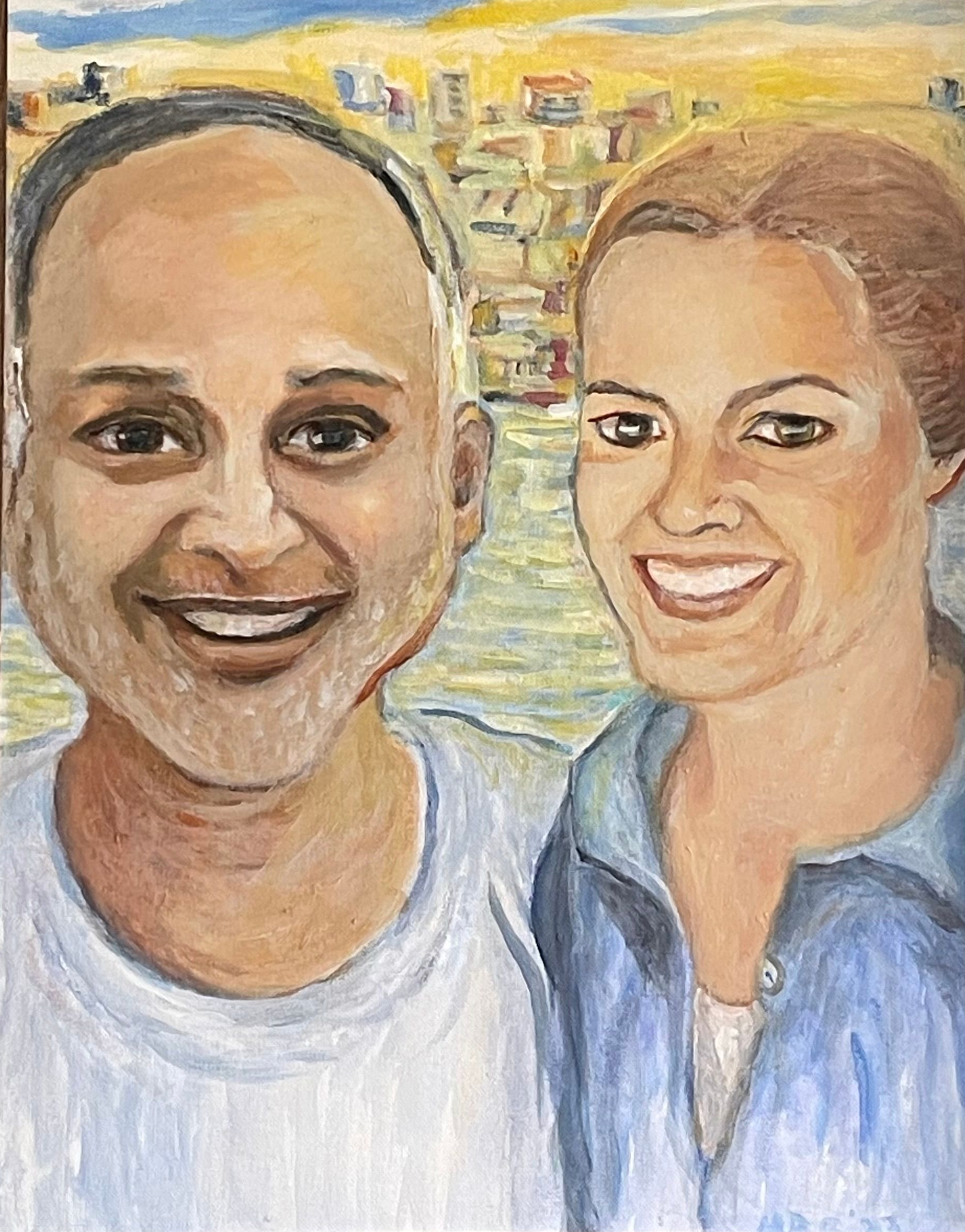 Two smiling people in a painted portrait, with a colorful cityscape in the background.
