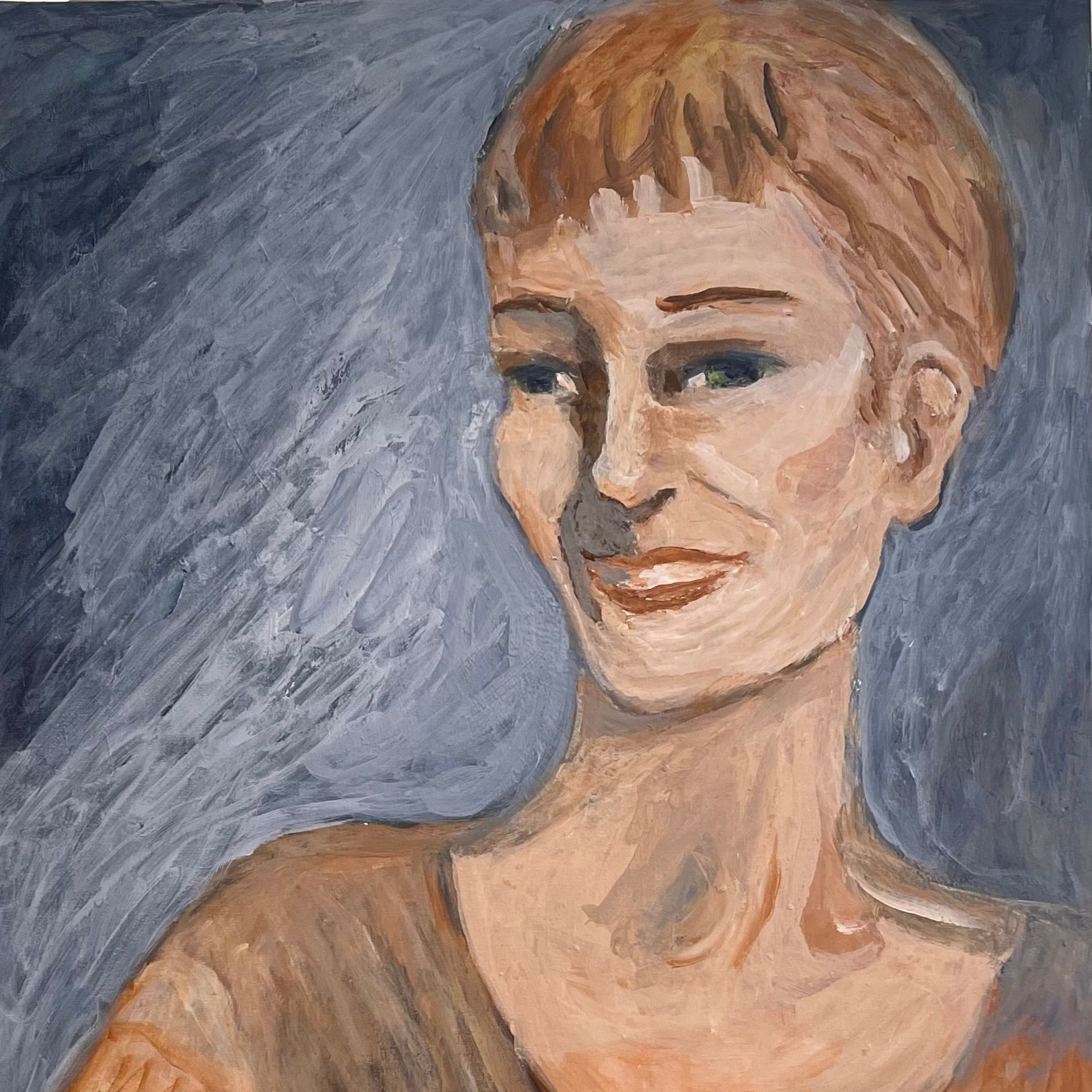 Painterly portrait of a smiling person with short blond hair against a blue background