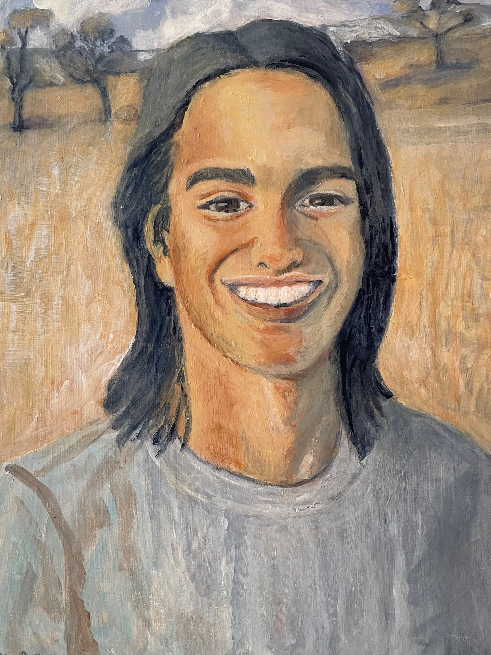 Smiling person in a gray shirt, painted in warm tones with a soft outdoor background.
