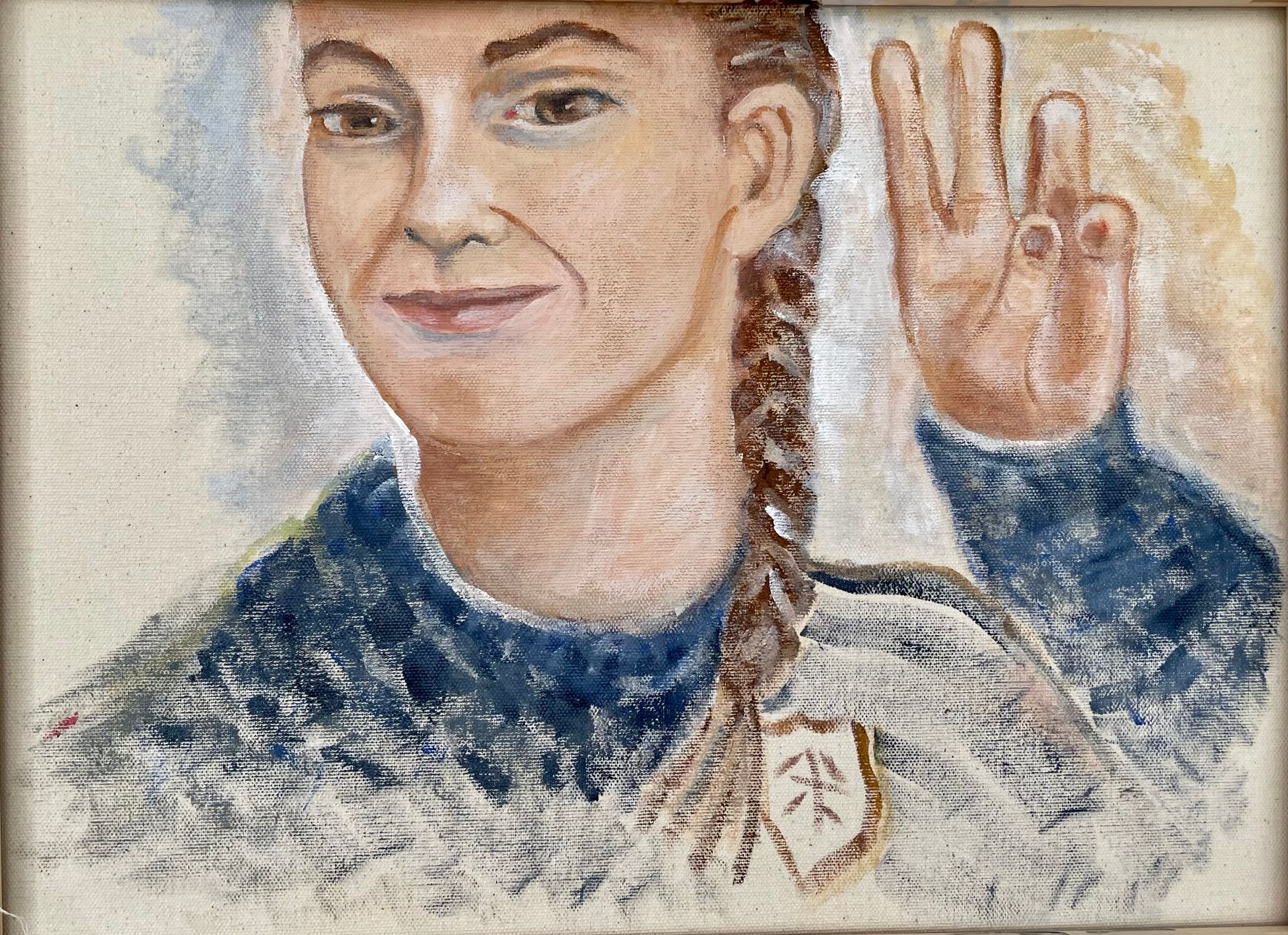Portrait drawing of a person with a raised hand, wearing a blue sweater and braid, on textured paper