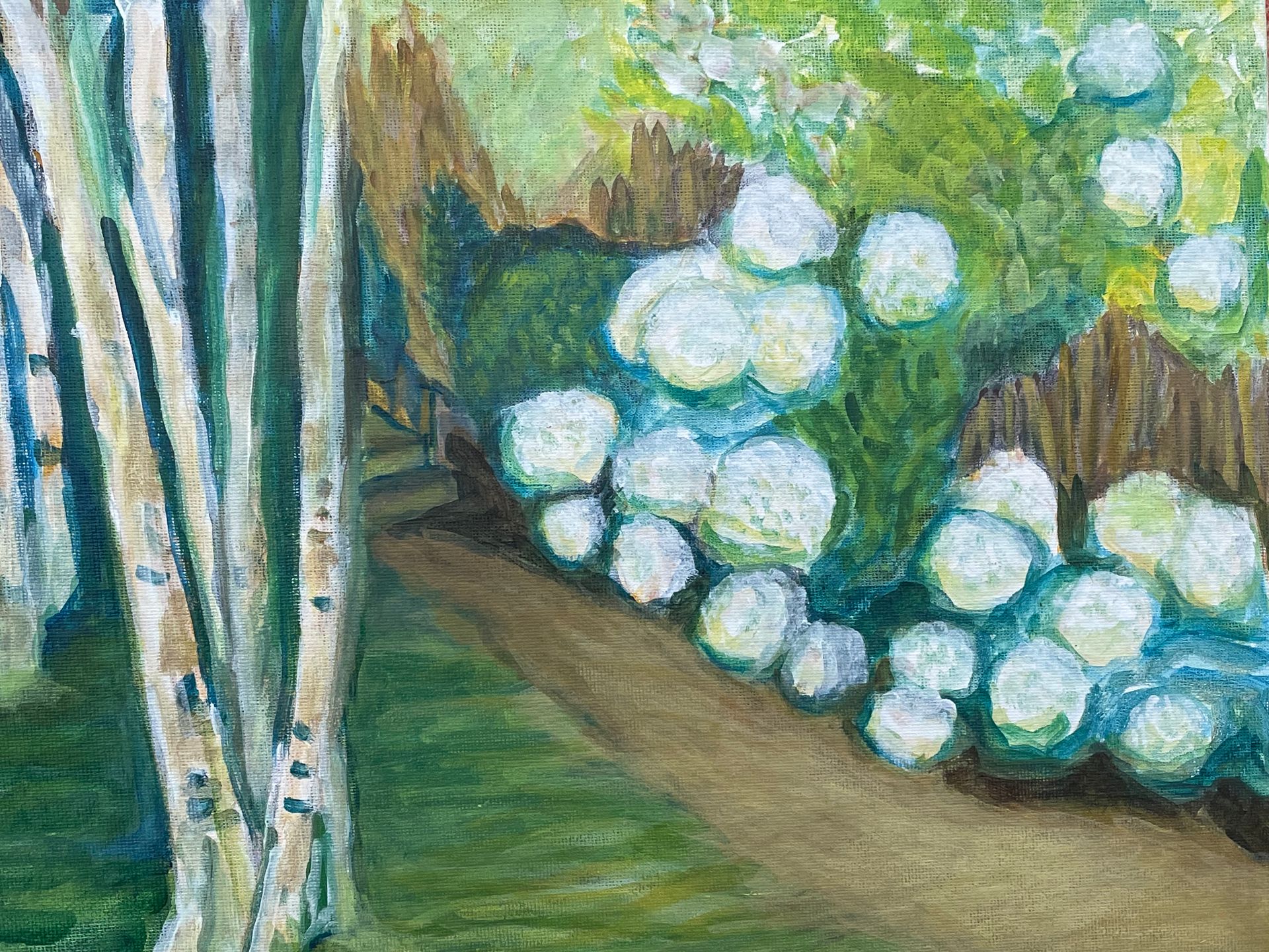 Painted garden scene with white flowers, green foliage, and tree trunks along a path