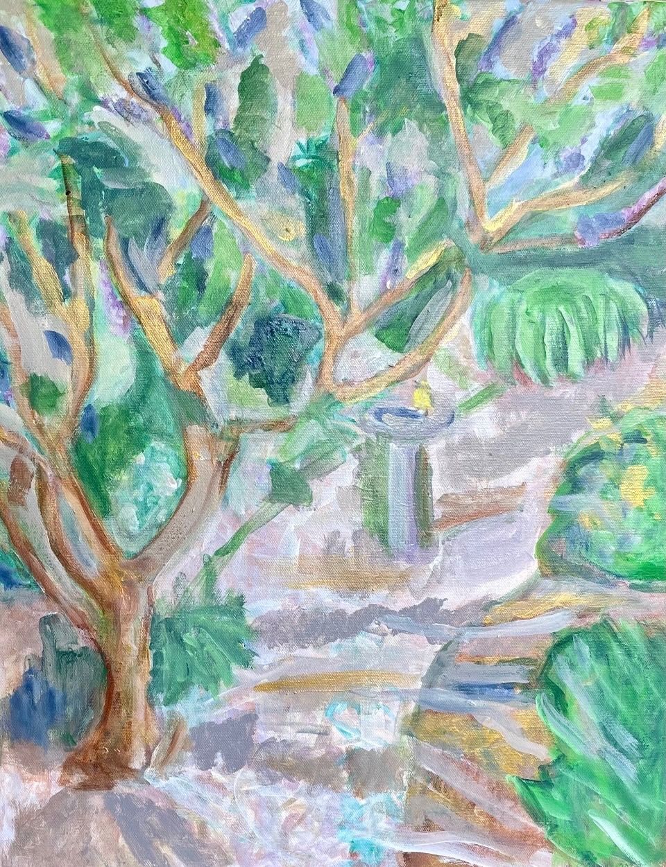 Tree with green leaves and a bench in a pastel garden scene