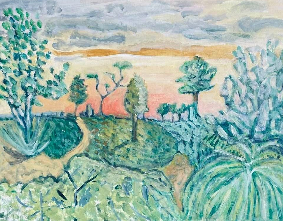Pastel landscape with winding path, green hills, trees, and a cloudy sunset sky