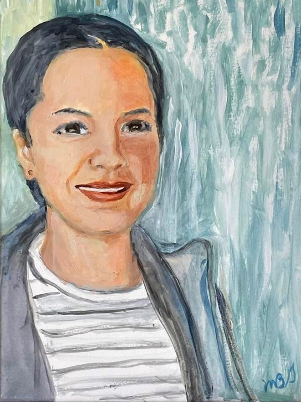 Portrait of a smiling person in a striped shirt and blue jacket against a textured teal background
