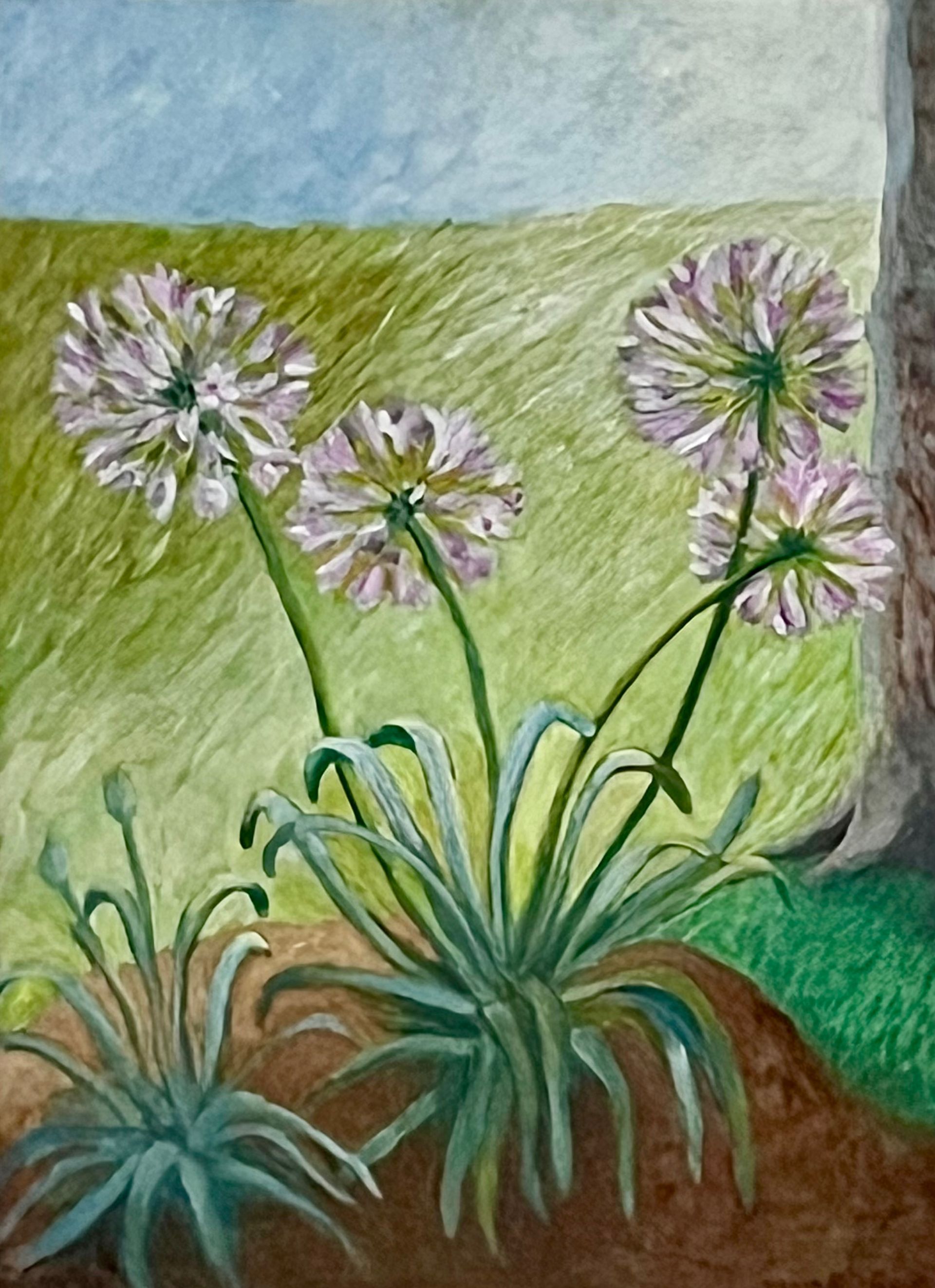 Four pale purple flowers with green leaves in a painted garden scene, beside a tree trunk.
