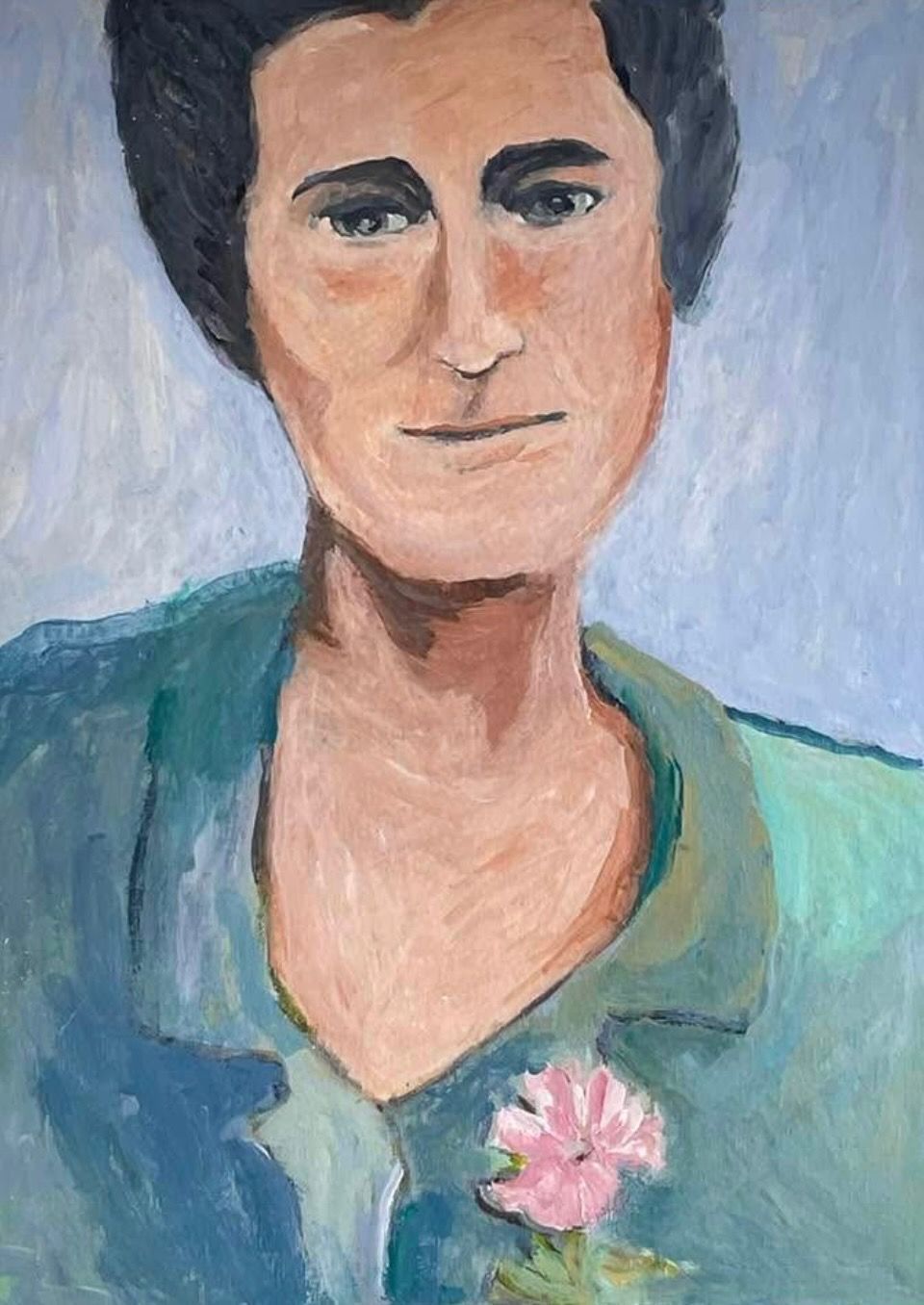 Portrait of a person in a green shirt with a pink flower pin, painted in soft blue tones