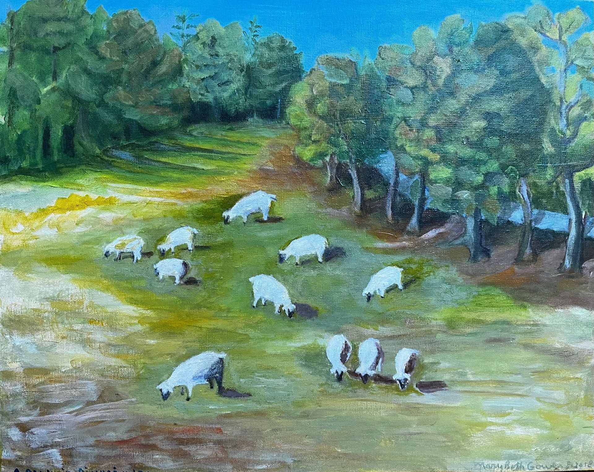 Sheep grazing in a grassy meadow beside trees under a bright blue sky