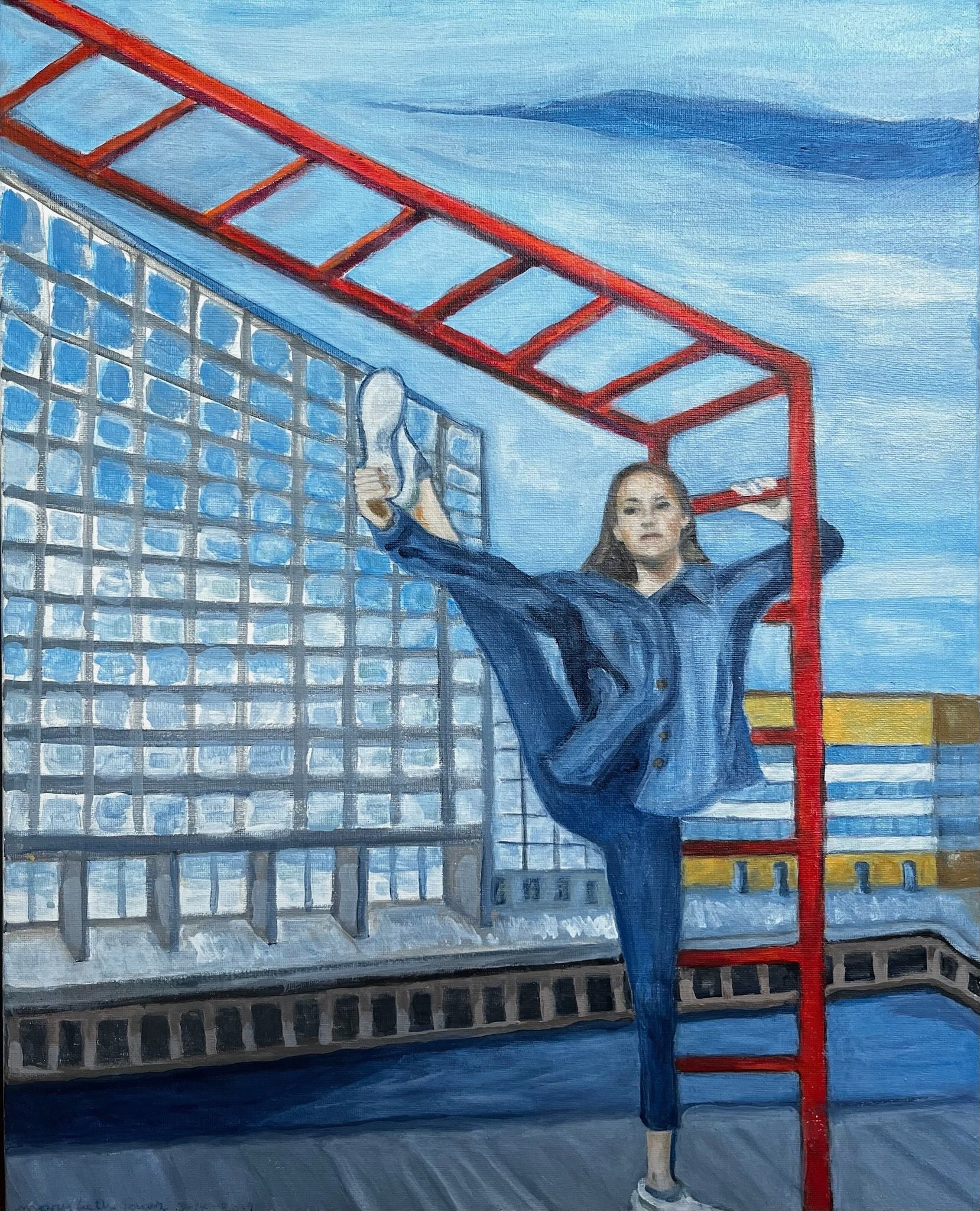 Person posing on a red playground climbing frame against a blue sky and building backdrop