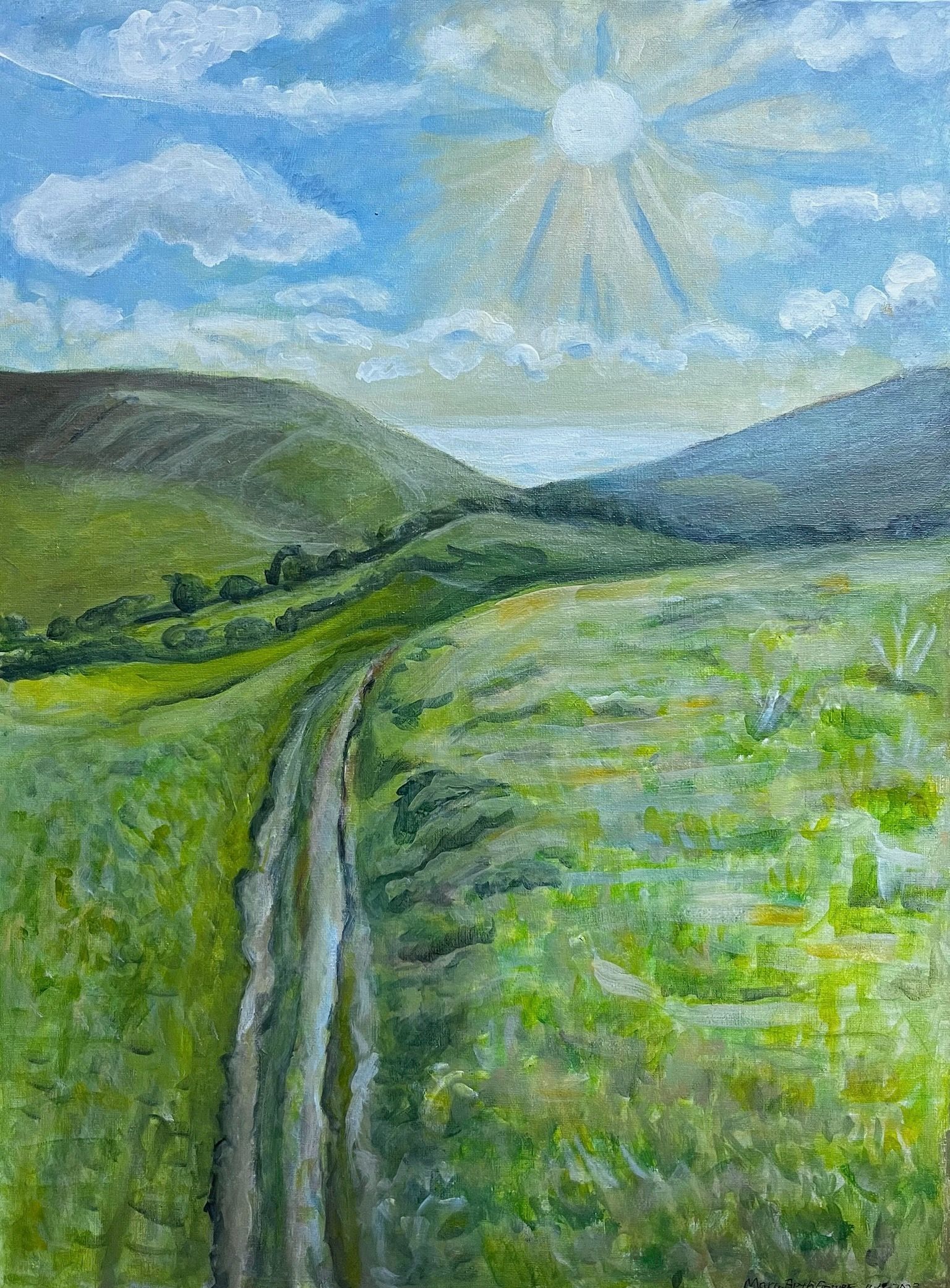 A green valley with a narrow path, hills, and a blue sky with clouds and sunlight