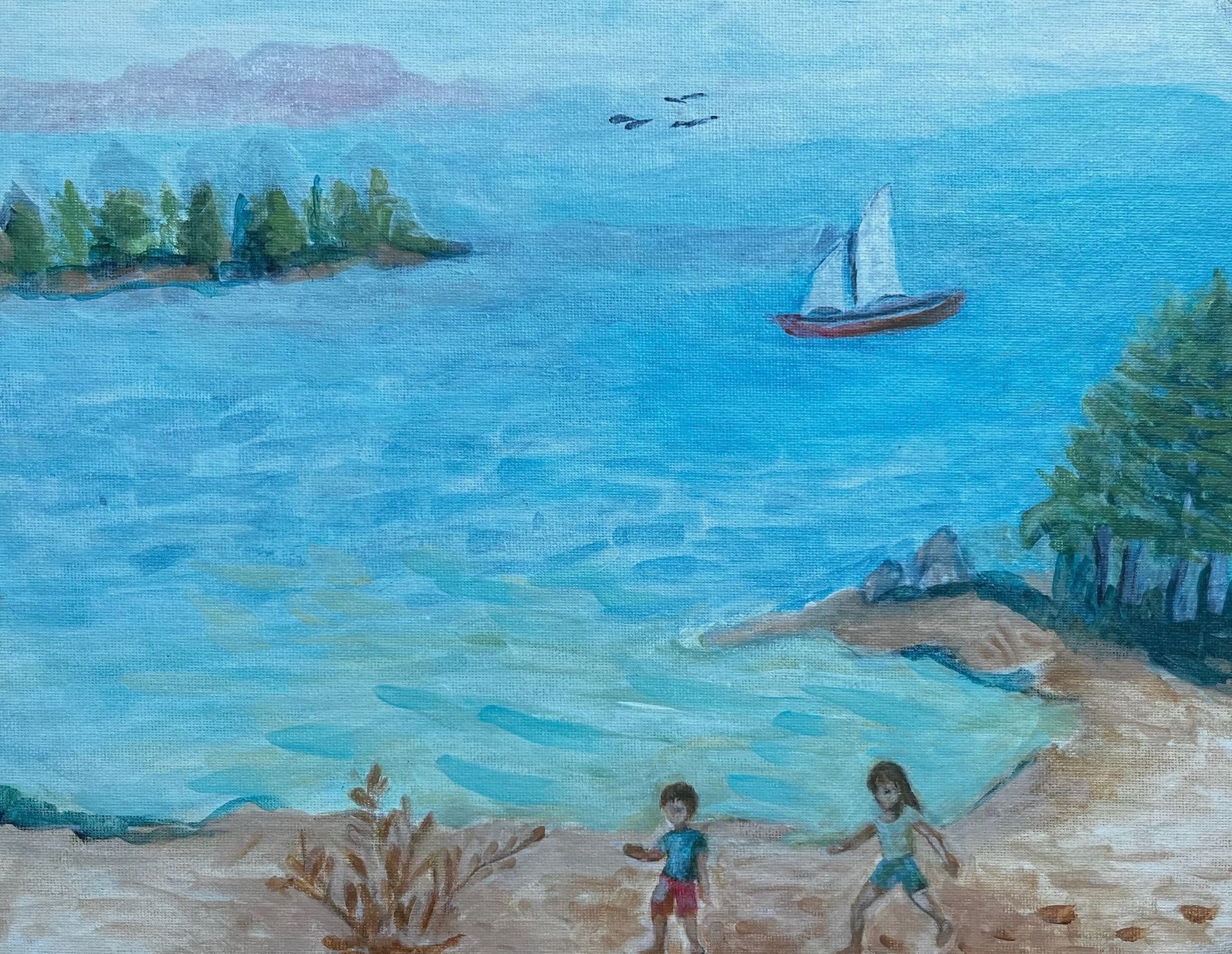 Children on a sandy beach beside blue water, with a sailboat and trees in the distance.