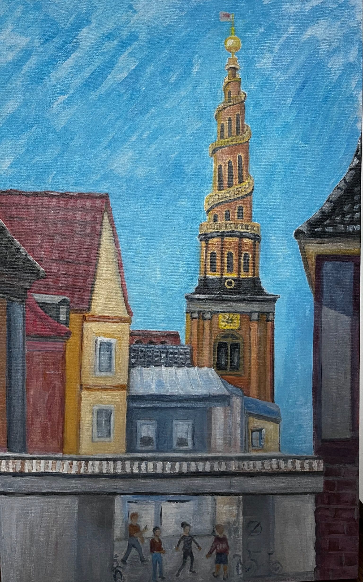 Painterly city scene with buildings framing a tall church tower under a blue sky, pedestrians below