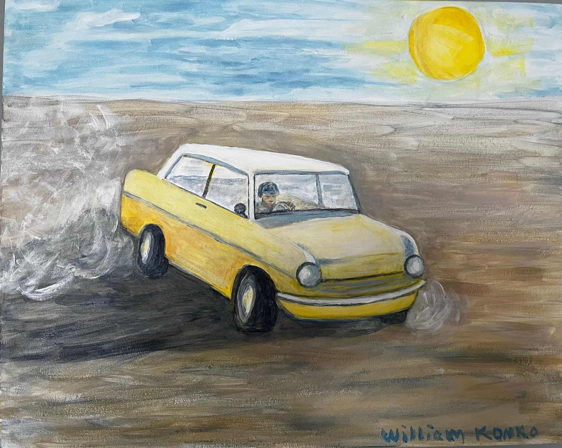 Yellow car driving on a dusty road under a bright sun in a barren landscape.