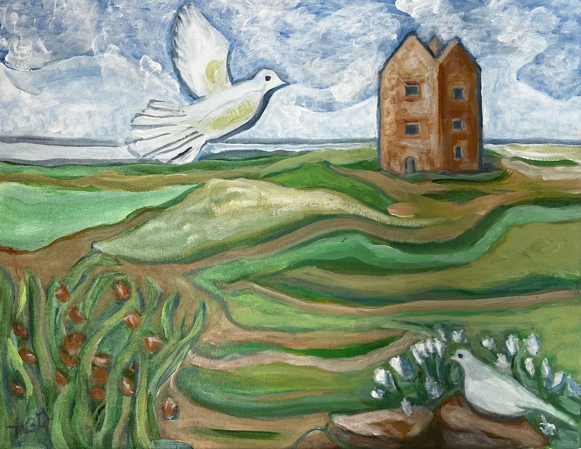 White dove over green rolling fields with a brown house under a cloudy sky