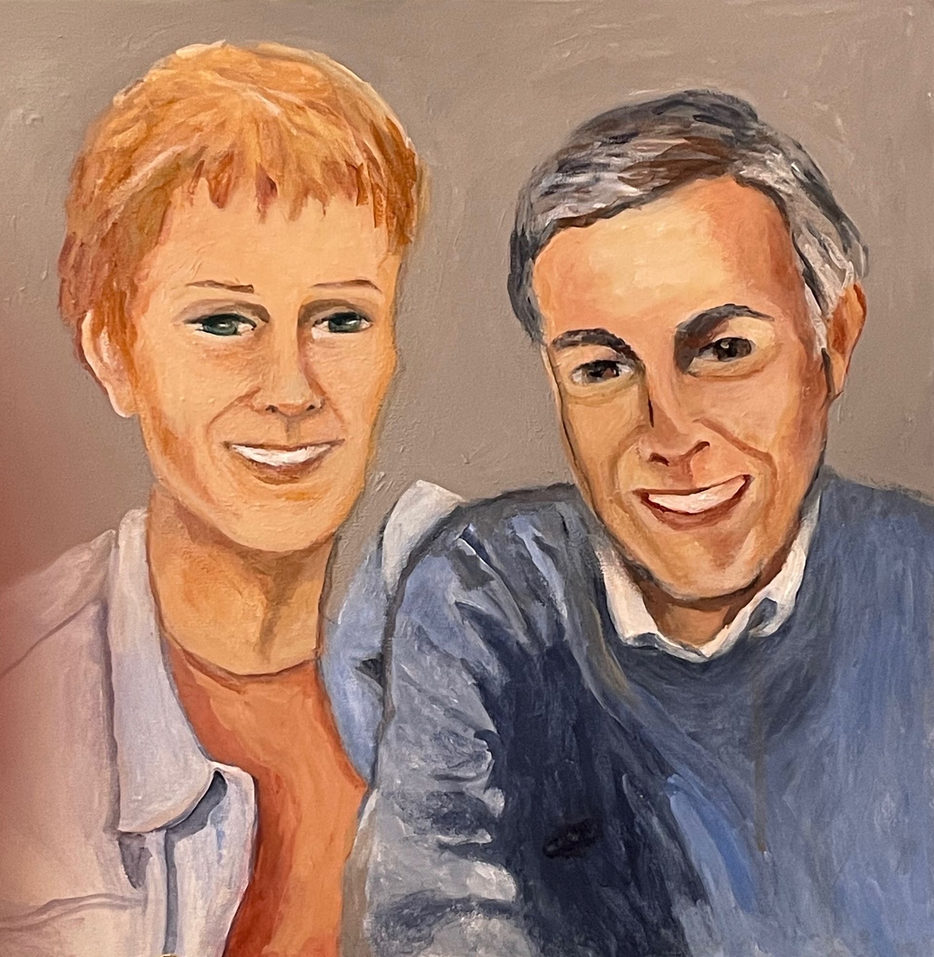 Two smiling people in a painted portrait, one in a light shirt and one in a blue sweater.