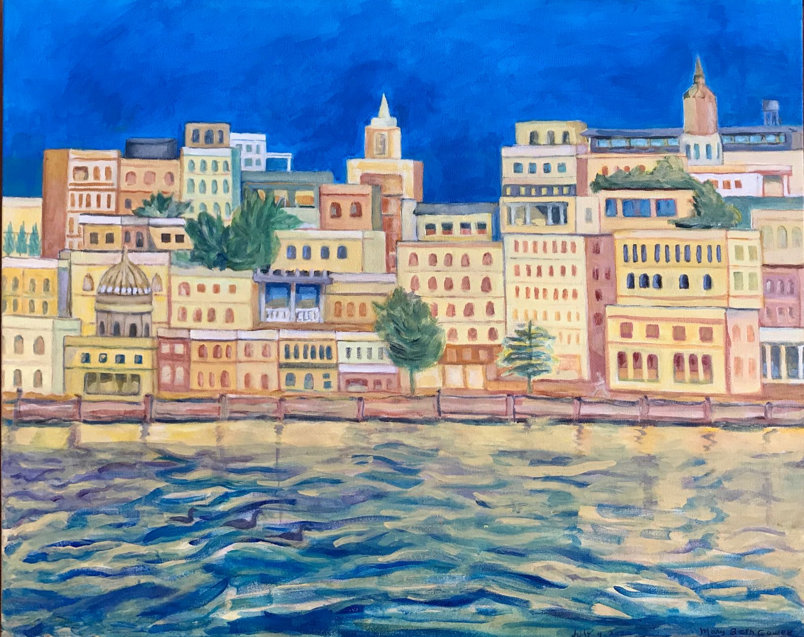 Colorful seaside cityscape with stacked buildings, church towers, and rippling blue water in front