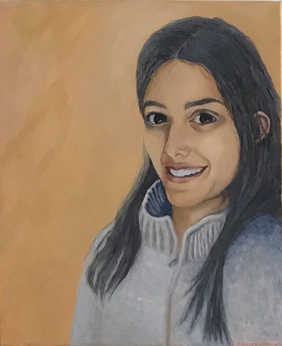 Portrait painting of a smiling woman with long dark hair against a warm orange background