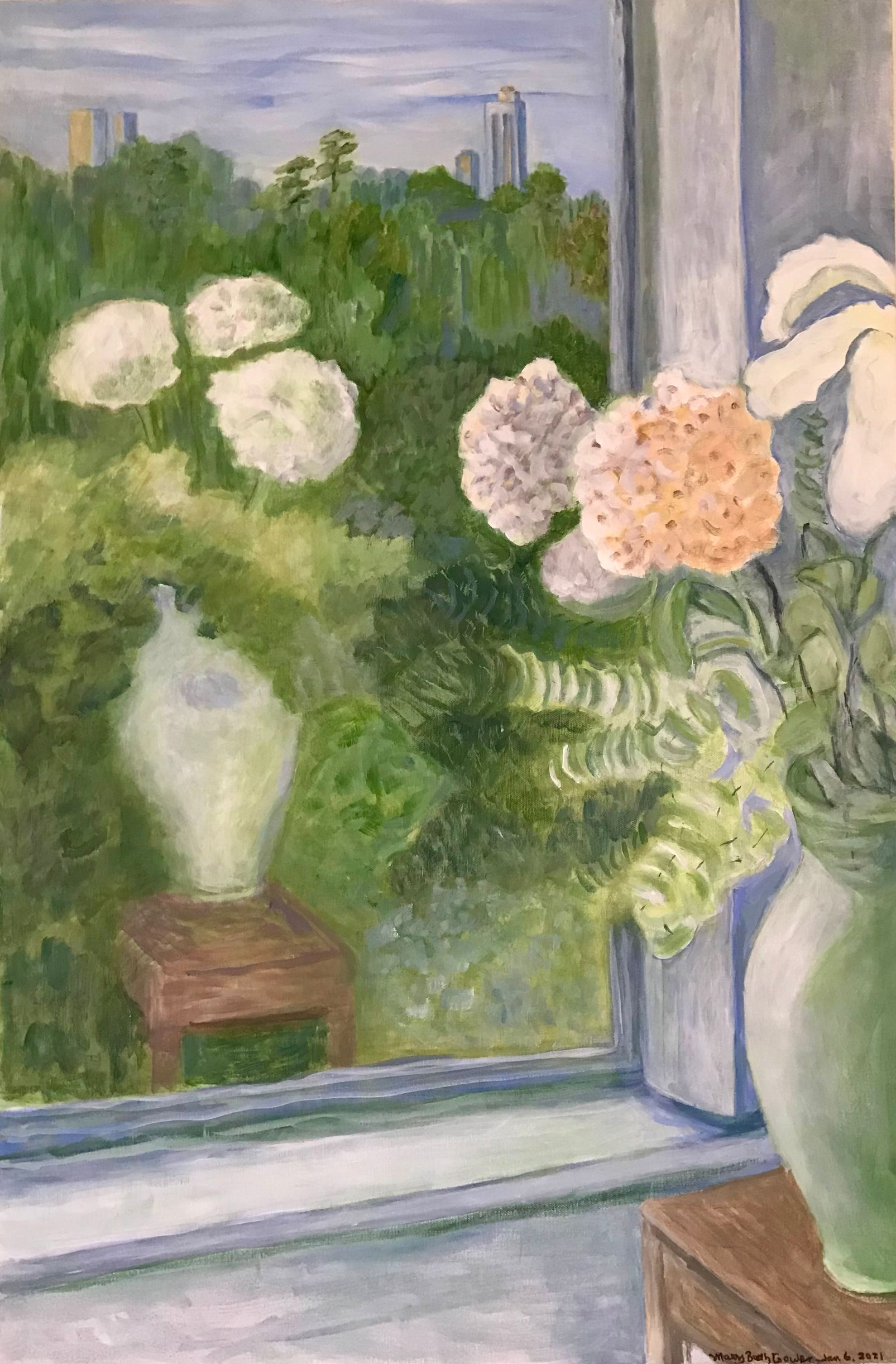 Painting of flowers in vases on a windowsill, looking out onto a green garden.