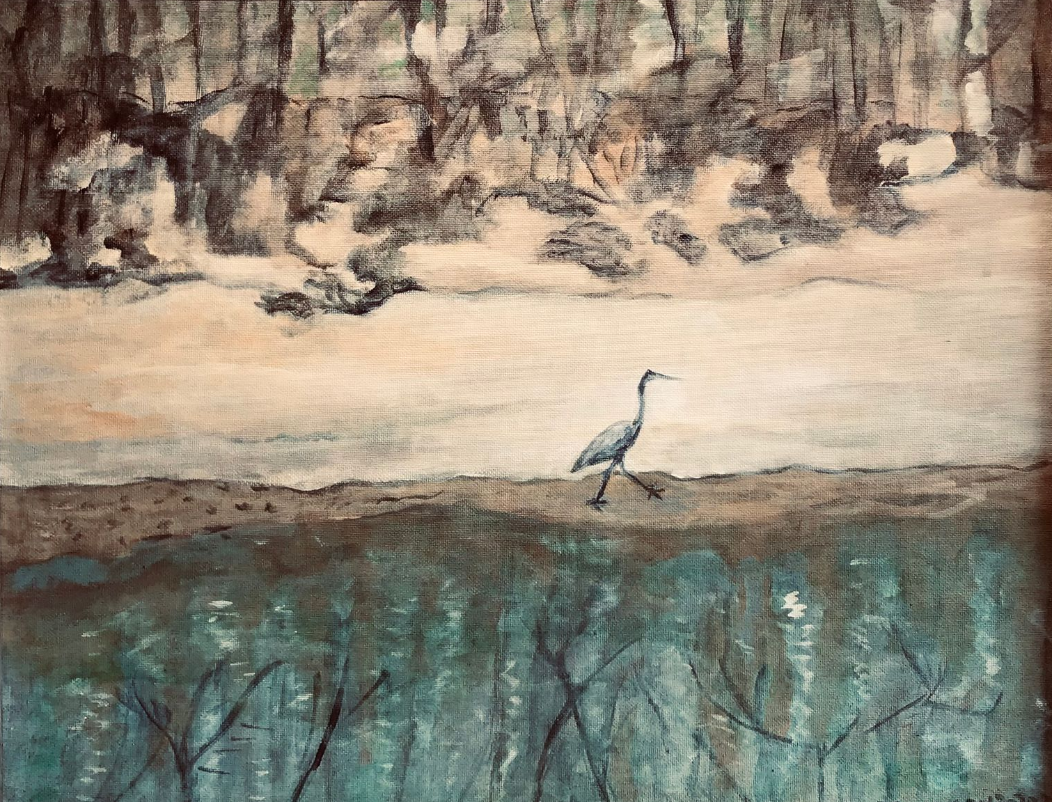 A white heron stands by a marsh under bare trees with snowy ground in winter.