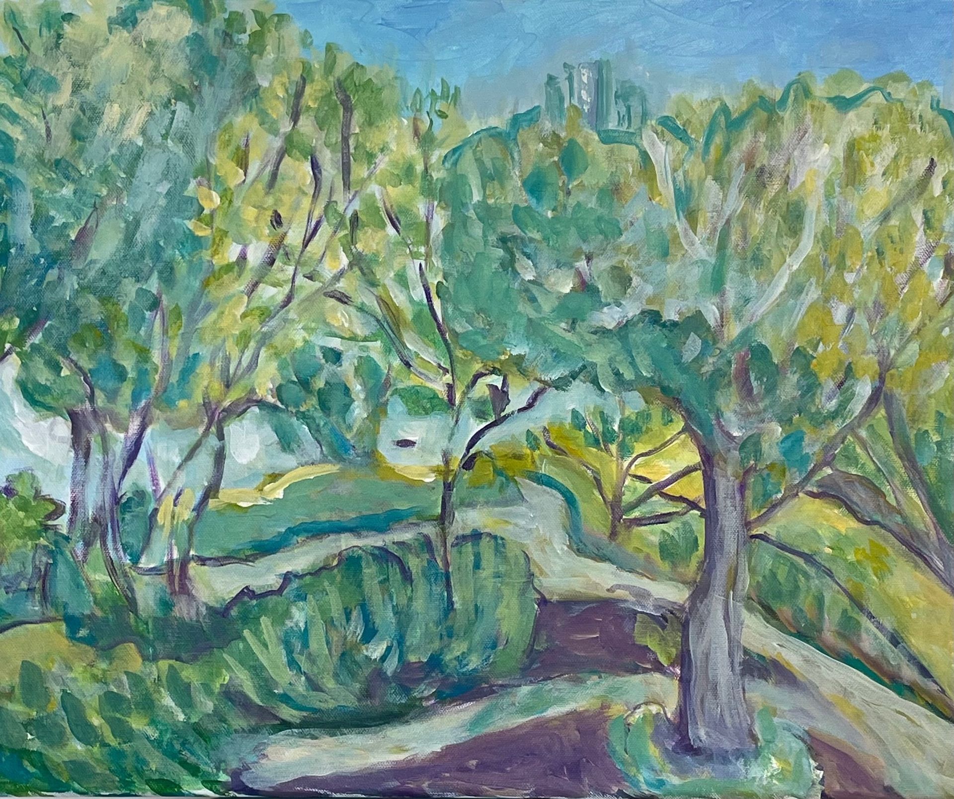 Impressionist painting of a green wooded landscape with a stream, trees, and soft blue sky