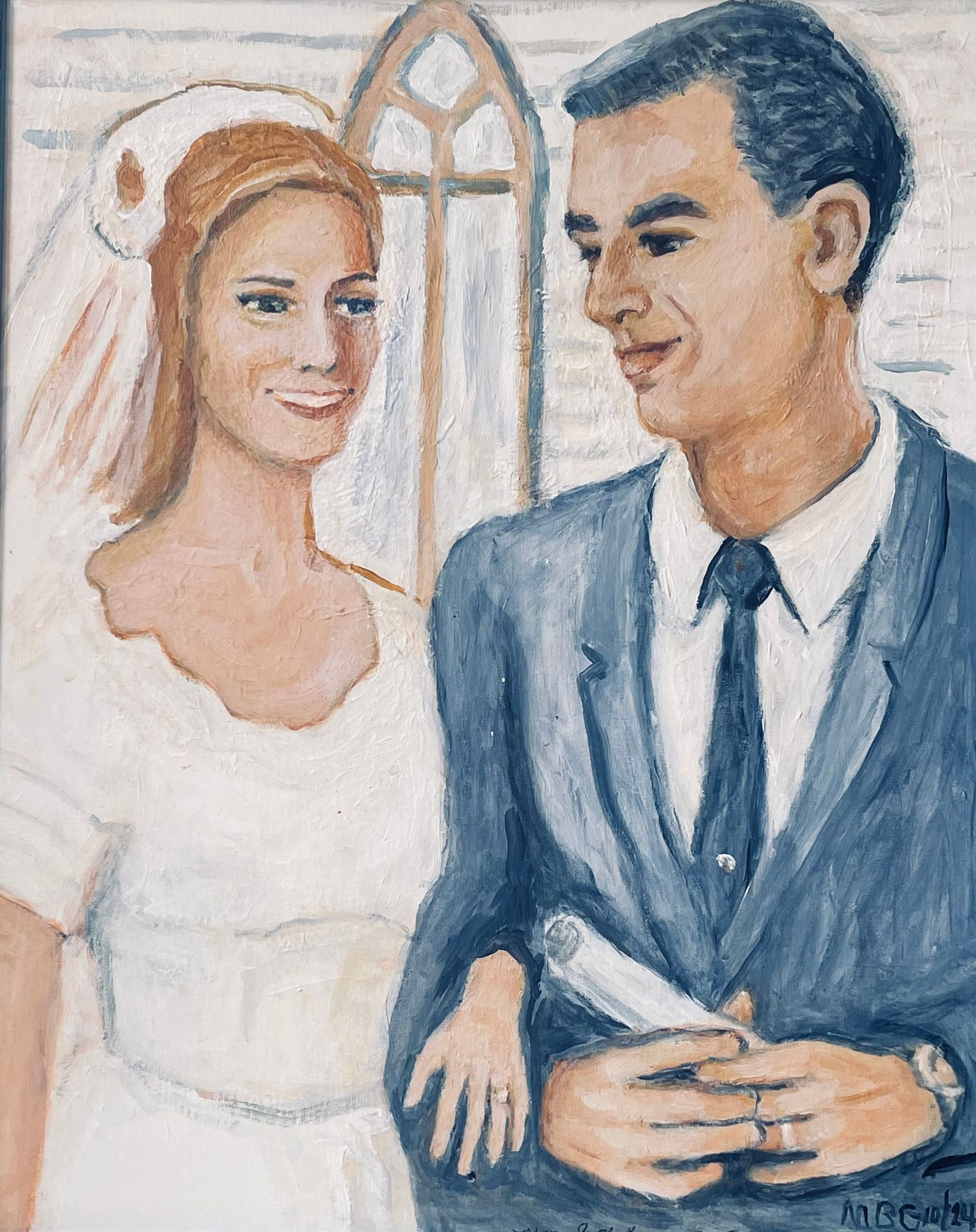 Two smiling people in blue sweaters, painted in a soft, starry background.