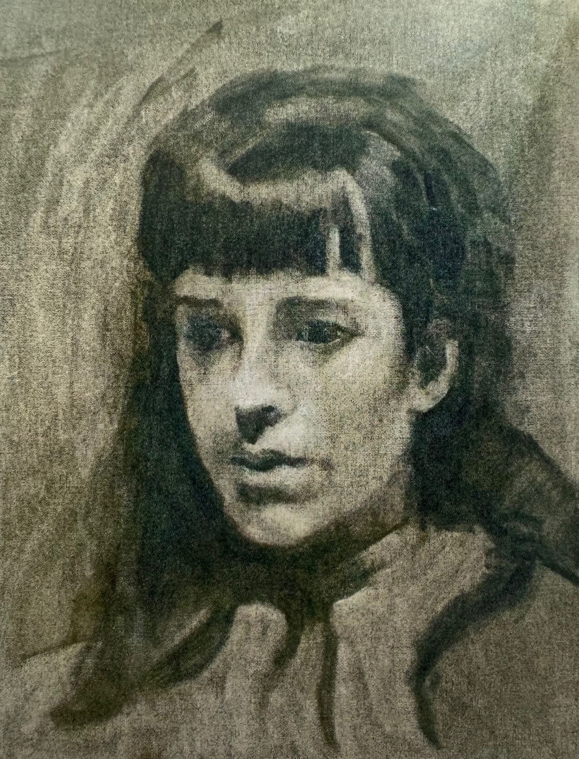 Sepia-toned portrait sketch of a young person with short dark hair and a neutral expression
