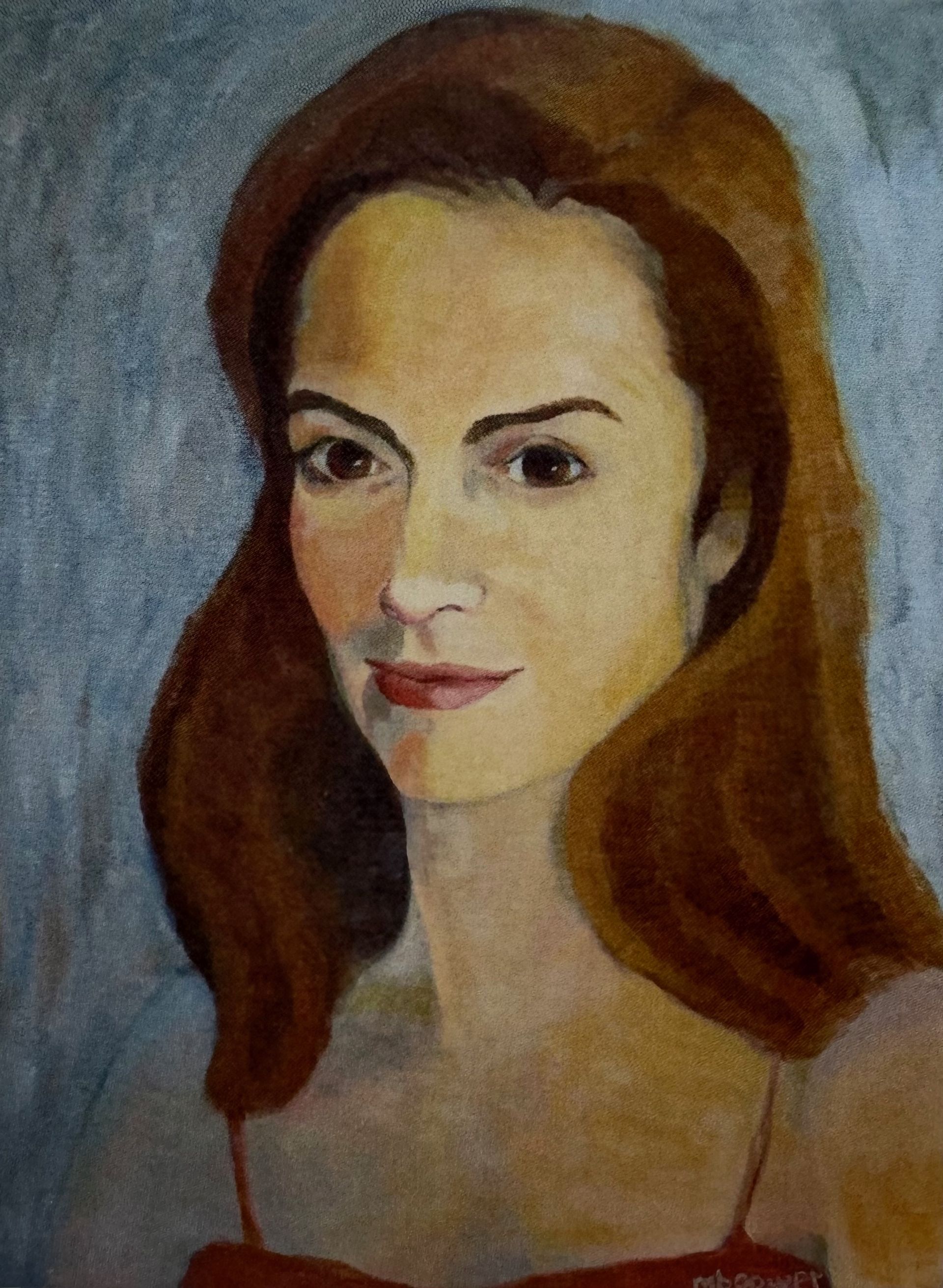 Painted portrait of a person with long brown hair and a blue-gray background.