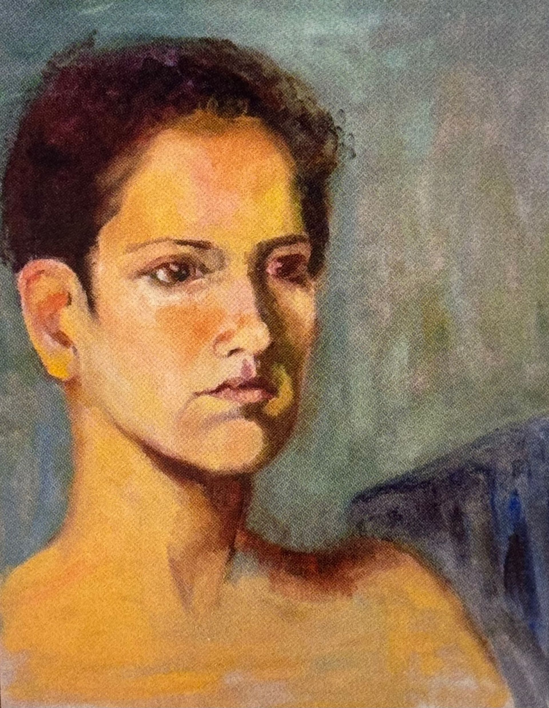 Painted portrait of a person with short dark hair against a muted gray background.