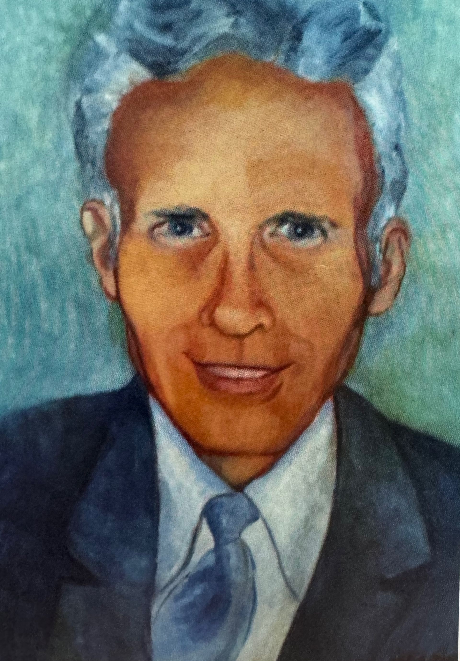 Formal painted portrait of a man in a dark suit and tie, facing forward against a blue background