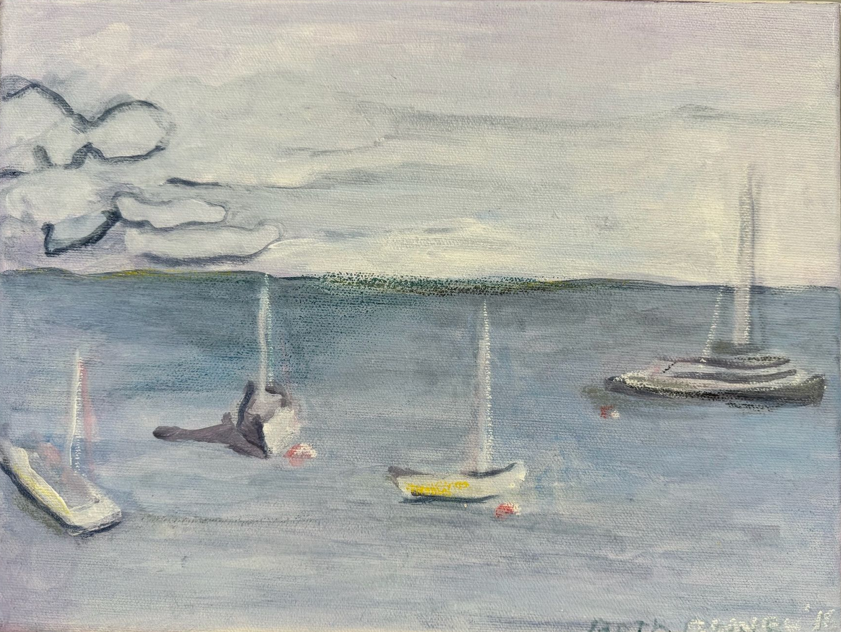 Small sailboats on calm blue water under cloudy sky, with a larger boat in the distance.