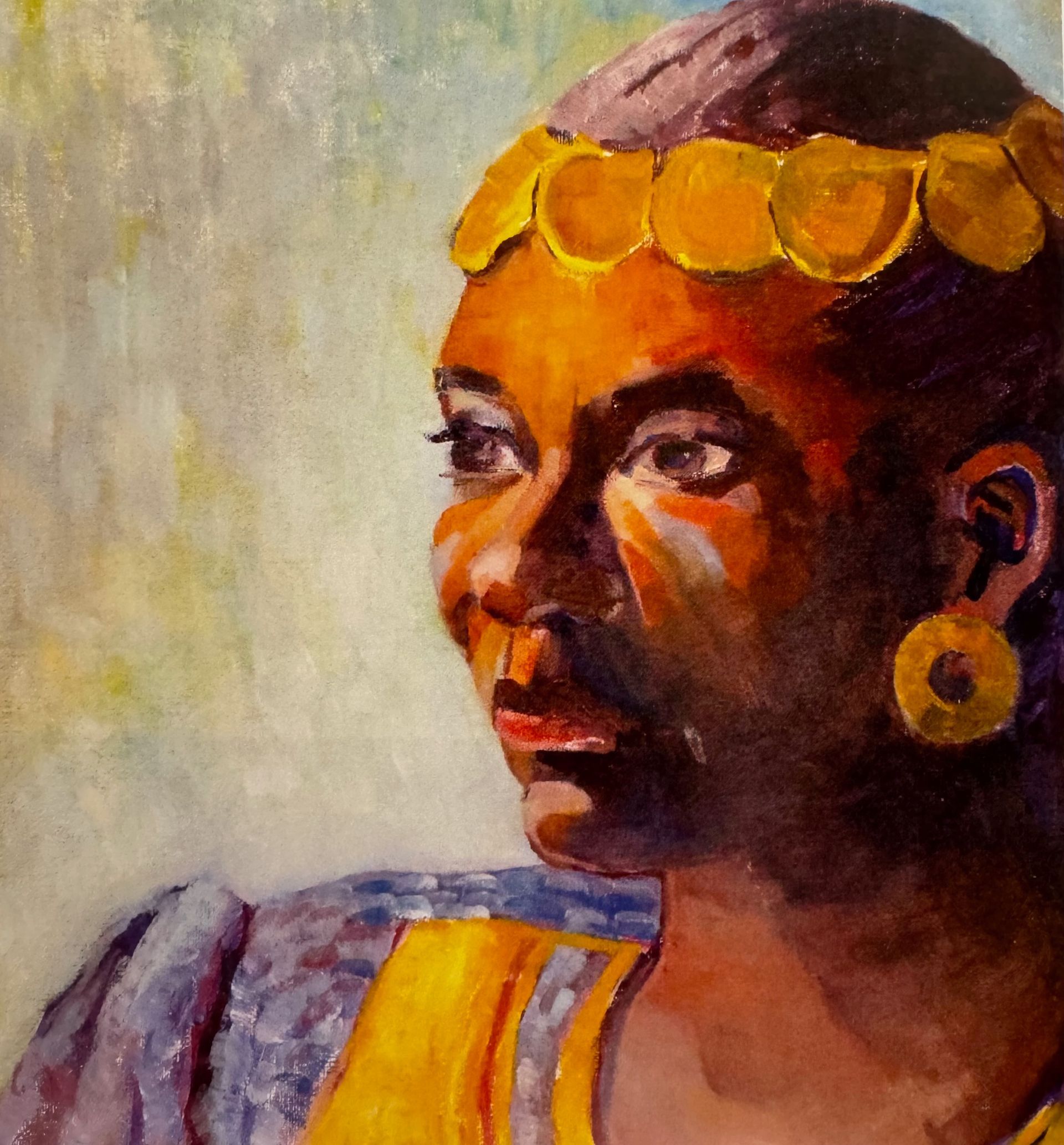 Portrait painting of a person in profile, wearing gold jewelry and a yellow garment, against a pale background