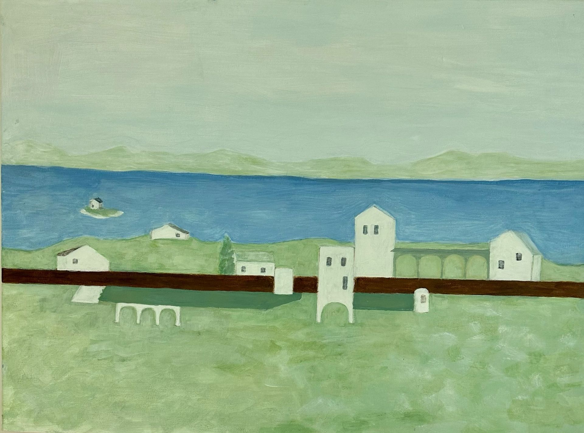 Pastoral seascape with white houses, a long brown wall, blue water, and pale green hills under a soft sky