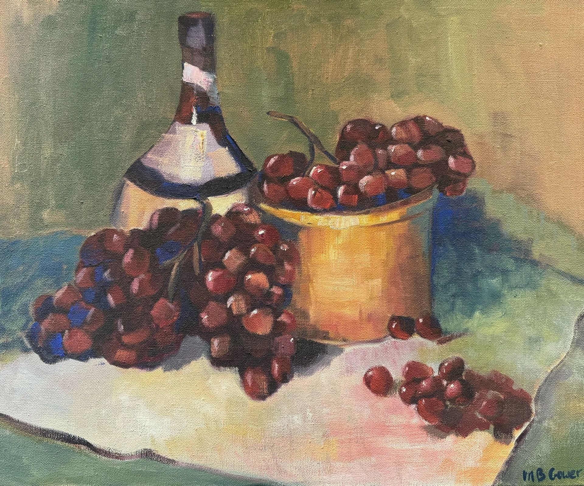 Still life of grapes in a bowl beside a bottle on a table, painted in soft colors