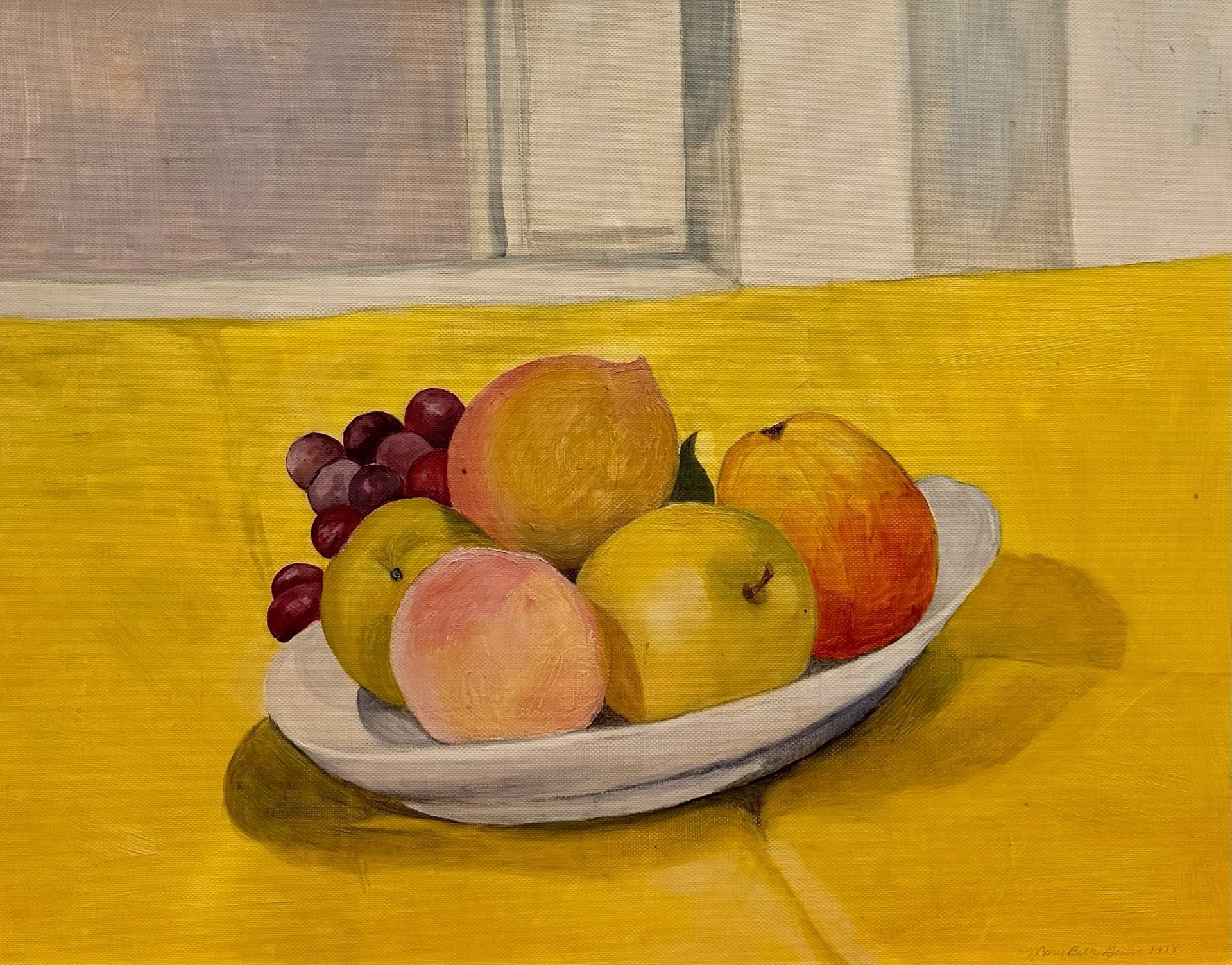 Still life painting of a bowl of assorted fruit on a yellow tablecloth near a window