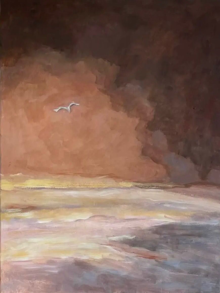 Abstract seascape with a single white bird under a dark, cloudy sky at sunset