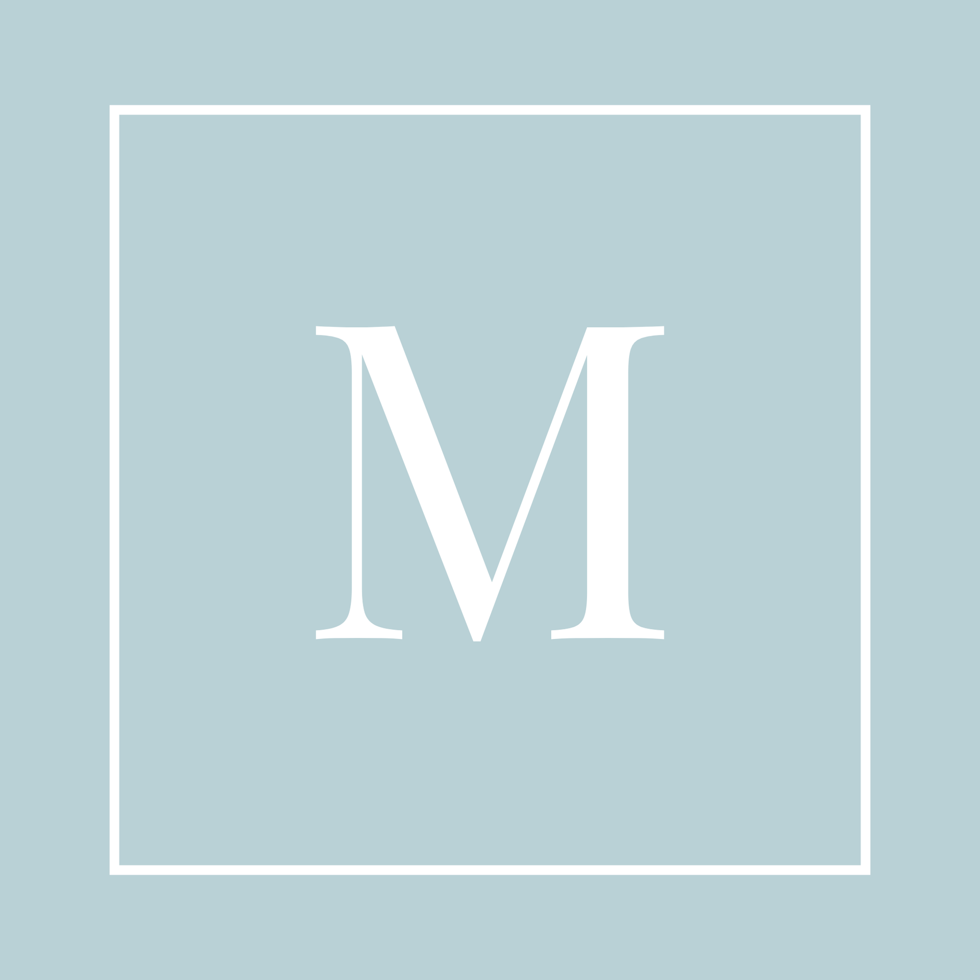 White letter M centered on a light blue square with a thin white border.