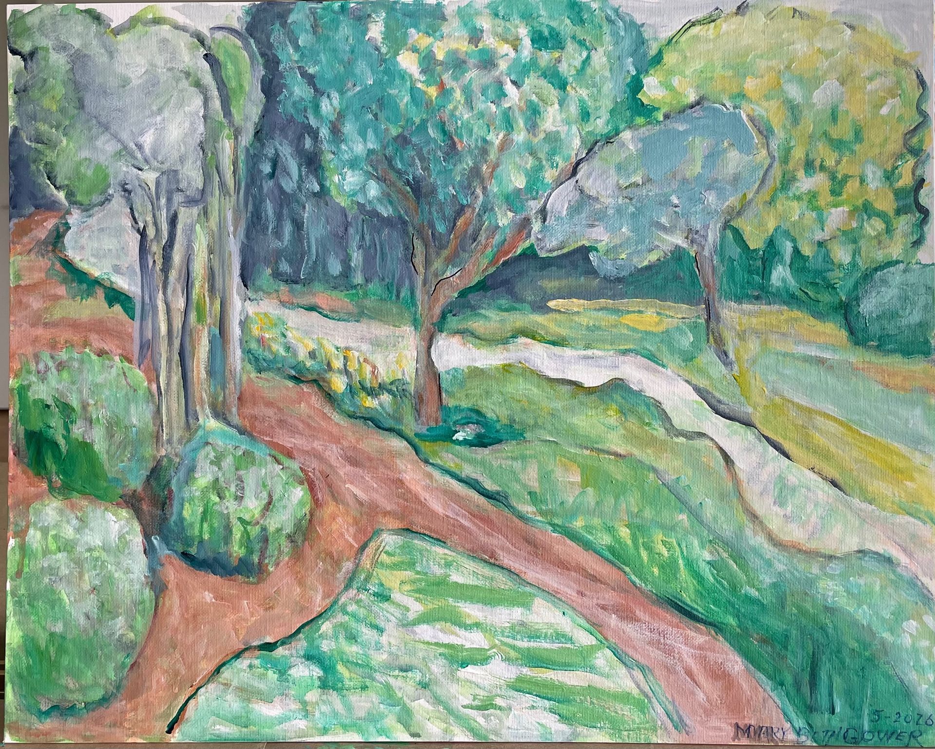 Impressionist painting of tall golden grasses by a pond with green trees and a cloudy sky