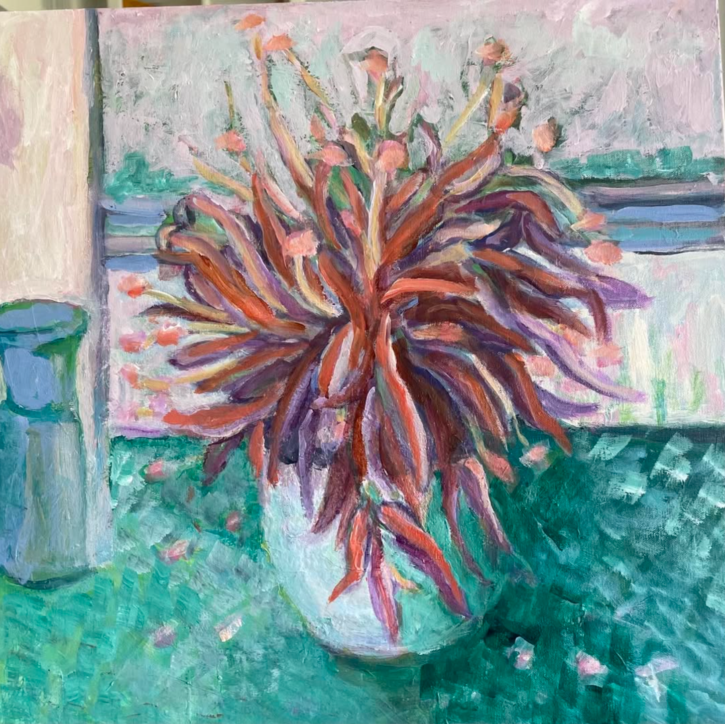 Abstract painting of a spiky red-orange plant in a turquoise pot against a pastel interior backdrop