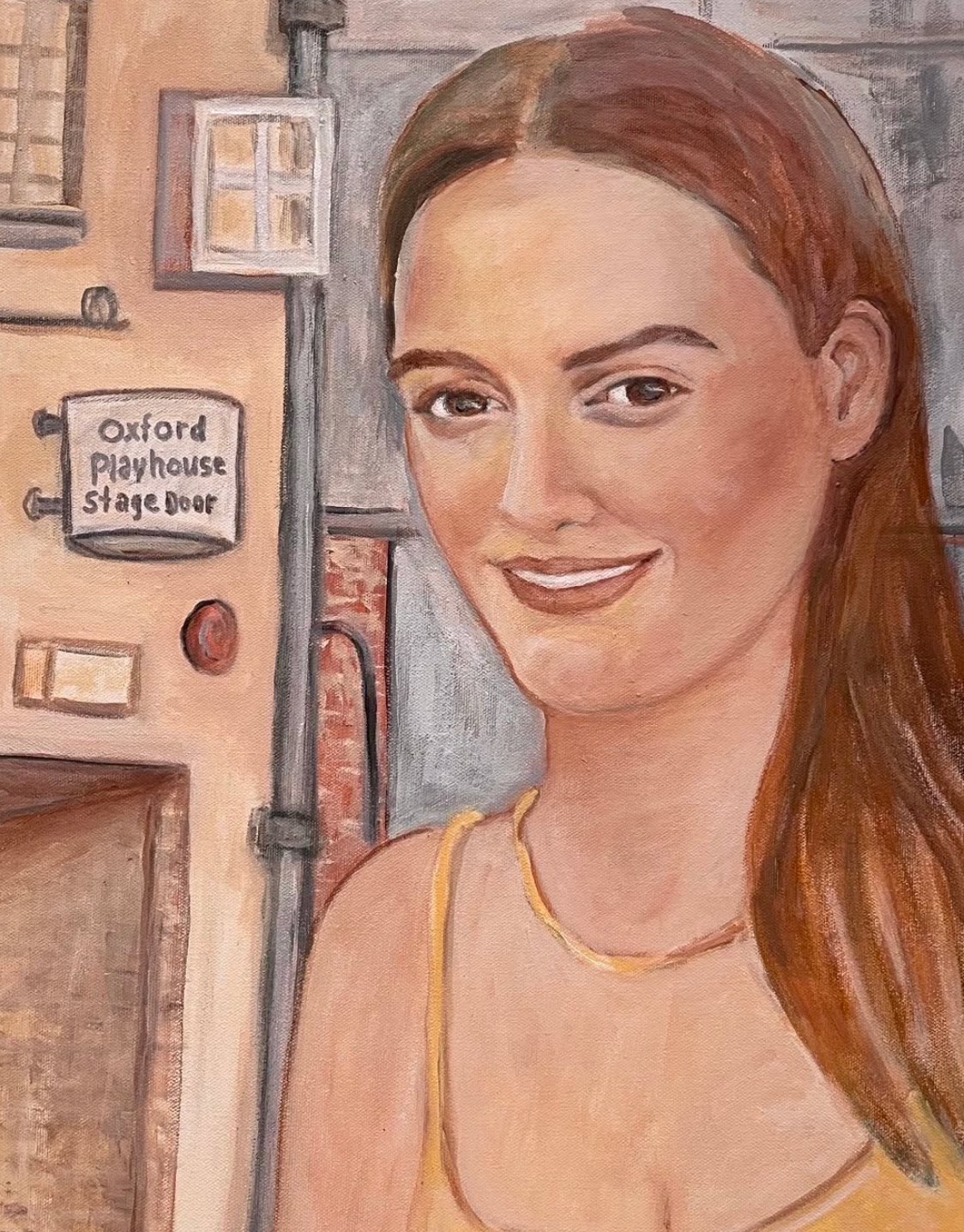 Young woman smiling beside a door labeled “Oxford Playground Street gate”